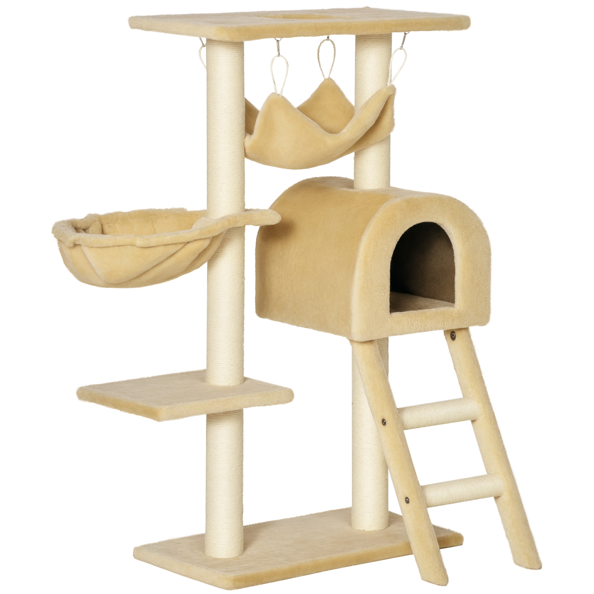 Albero tiragraffi beige con amaca, posatoio, cuccia e scala.