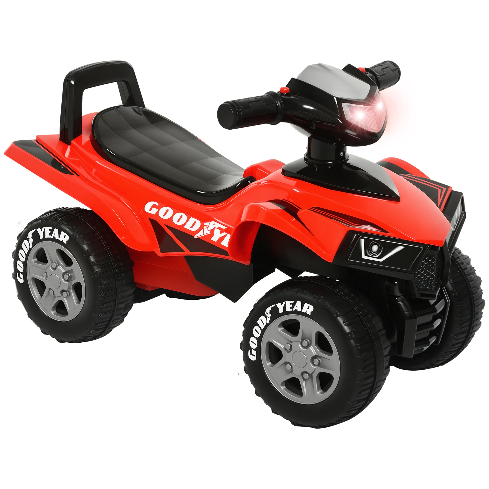 Un quad per bambini rosso con accenti neri e fari illuminati.