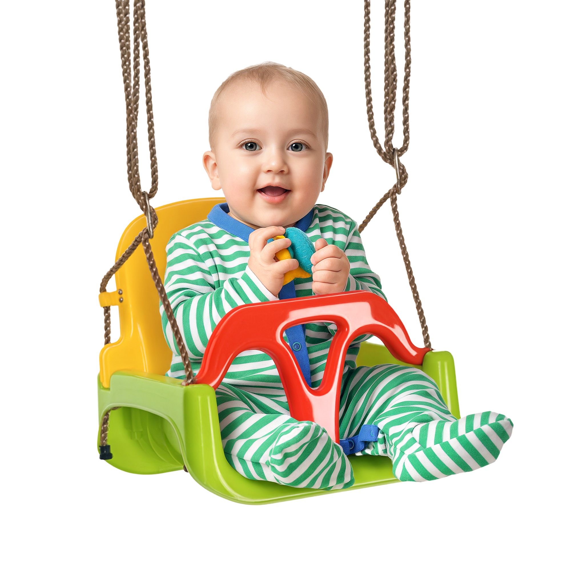 Un bambino in abiti a righe è seduto su un'altalena colorata, tenendo in mano un giocattolo.