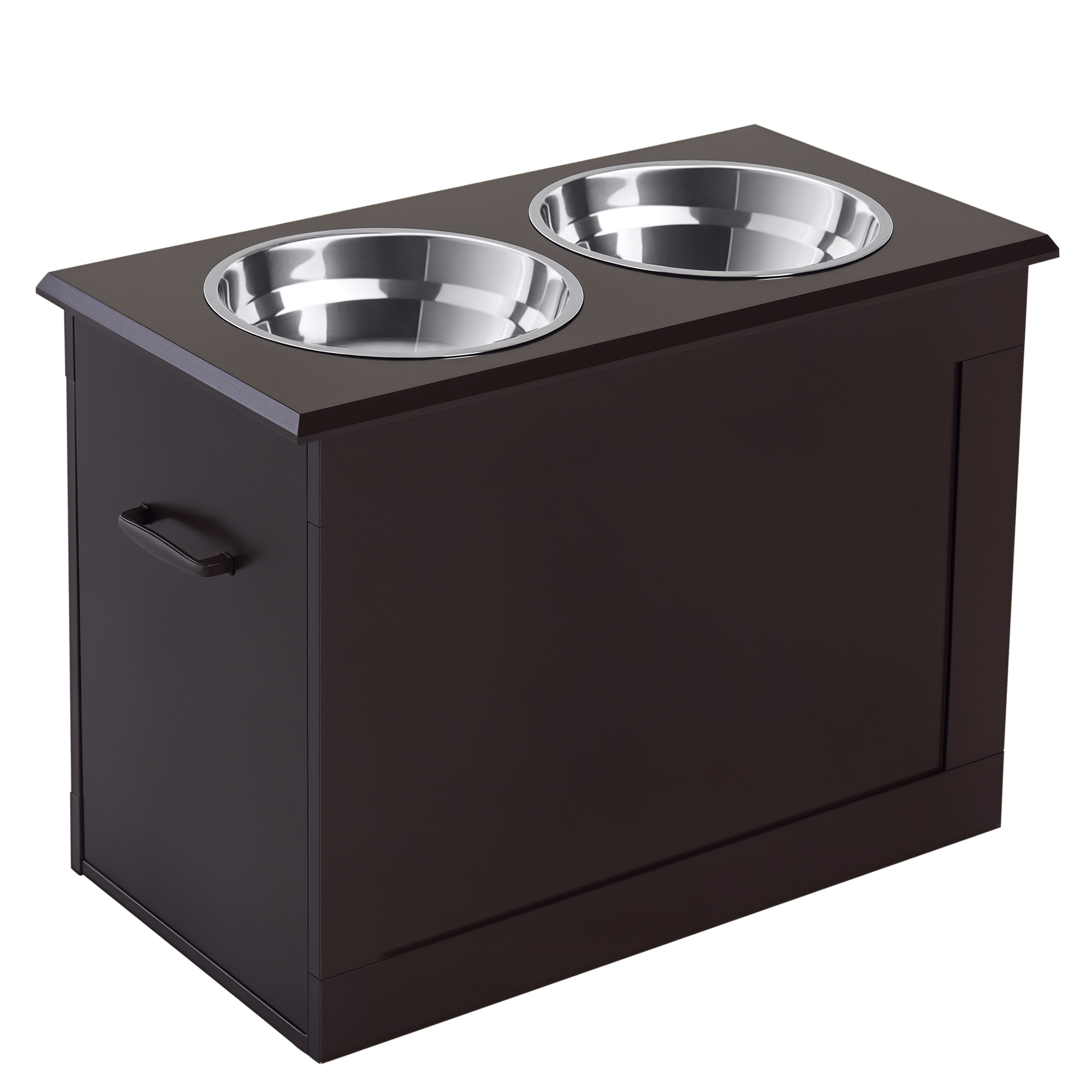 Mangiatoia marrone scuro con due ciotole in acciaio inox e un cassetto.