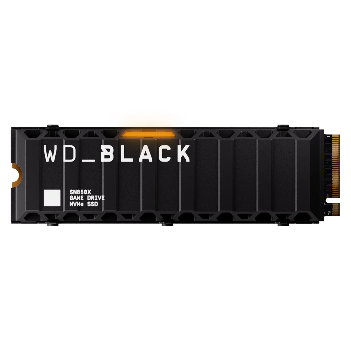 Czarny dysk NVMe SSD z pomarańczowym paskiem świetlnym i marką 'WD_BLACK'.