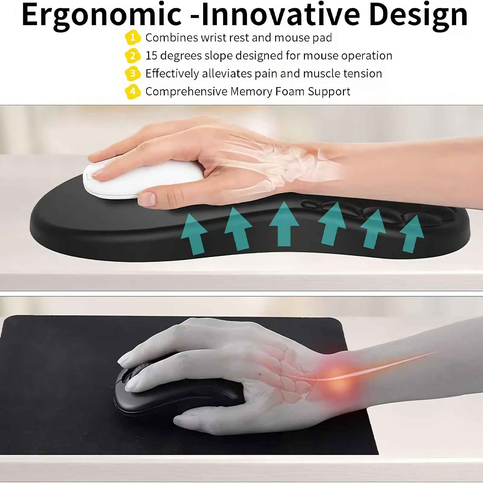 Ergonomische Maus-Handgelenkauflage mit Memory-Schaum, zeigt Handplatzierung und Halt.