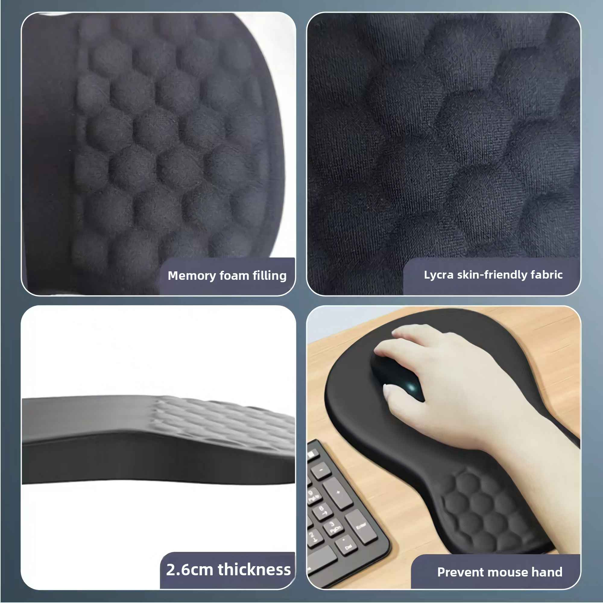 Schwarze Handgelenkauflage mit Memory-Schaum, 2,6 cm dick, für Maus und Tastatur.