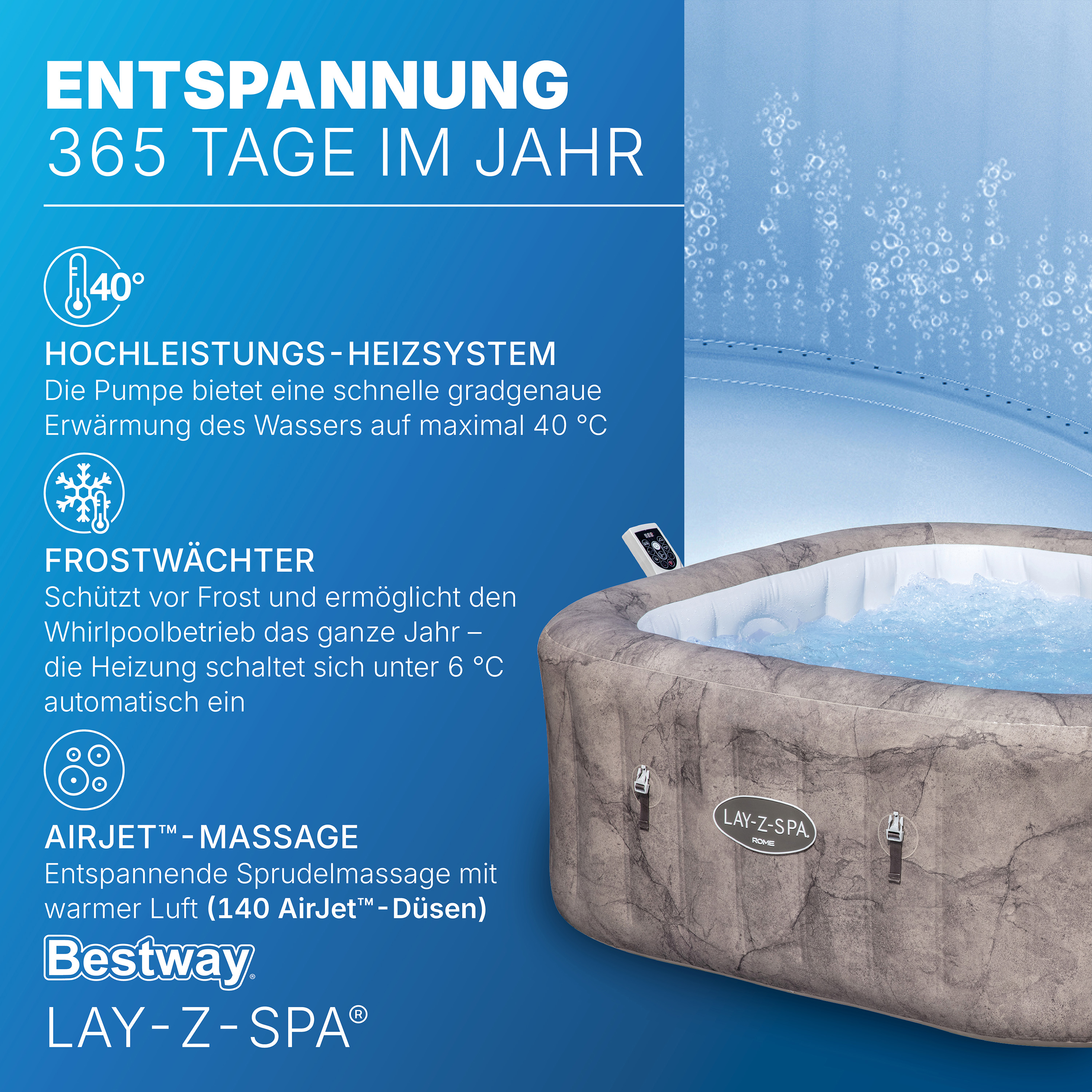 Aufblasbarer Whirlpool mit detaillierten Texten zu Funktionen wie Heizung und Massage.