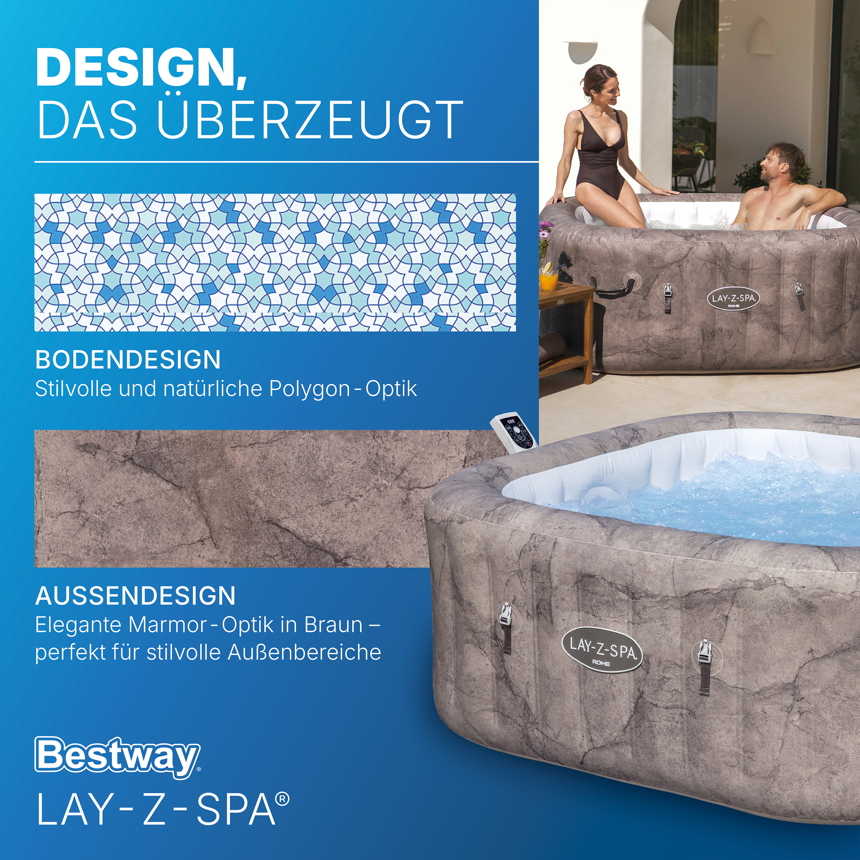 Ein Paar entspannt sich in einem Bestway Lay-Z-Spa. Designdetails gezeigt.