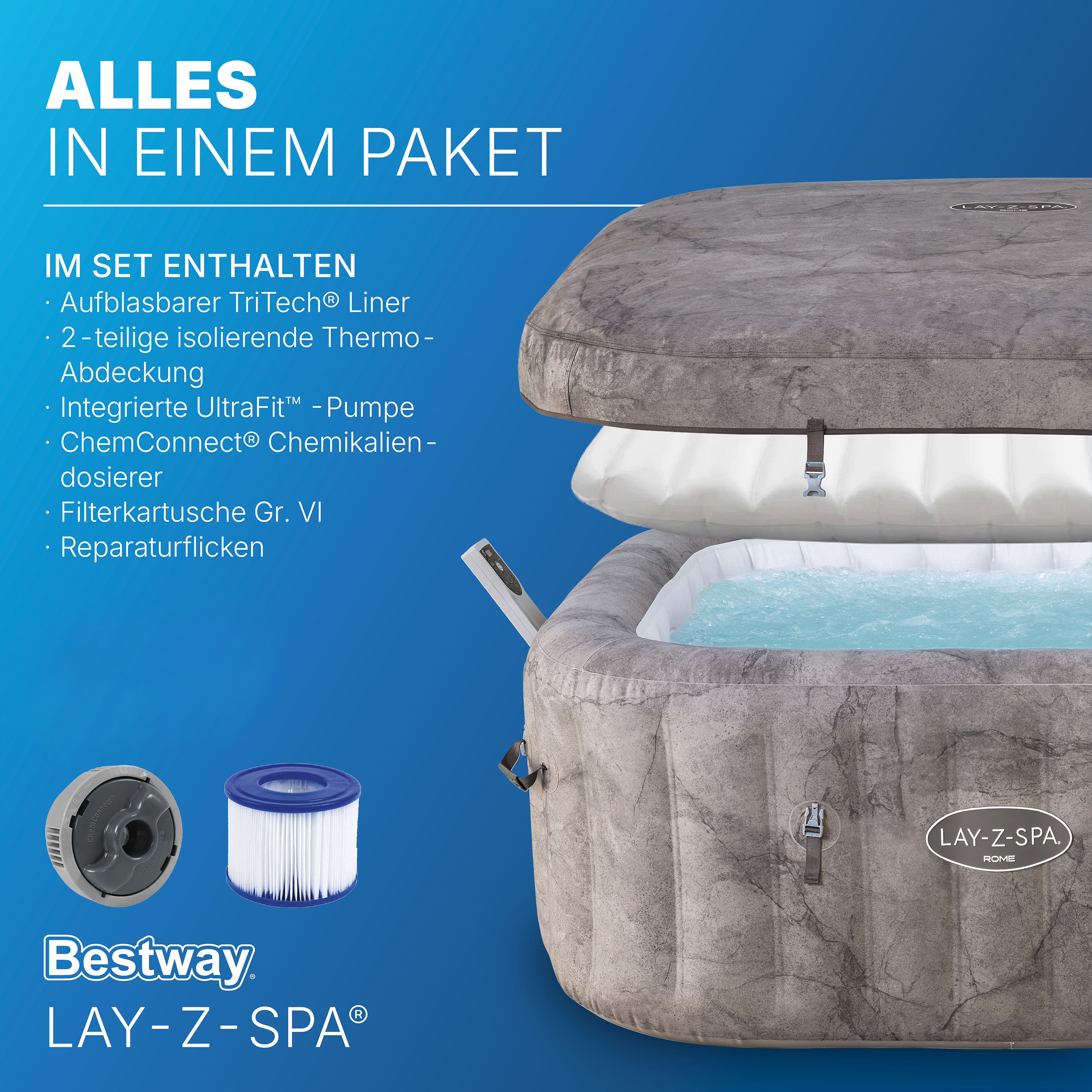 Aufblasbarer Lay-Z-Spa Whirlpool mit Zubehör wie Pumpe und Filter auf blauem Hintergrund.