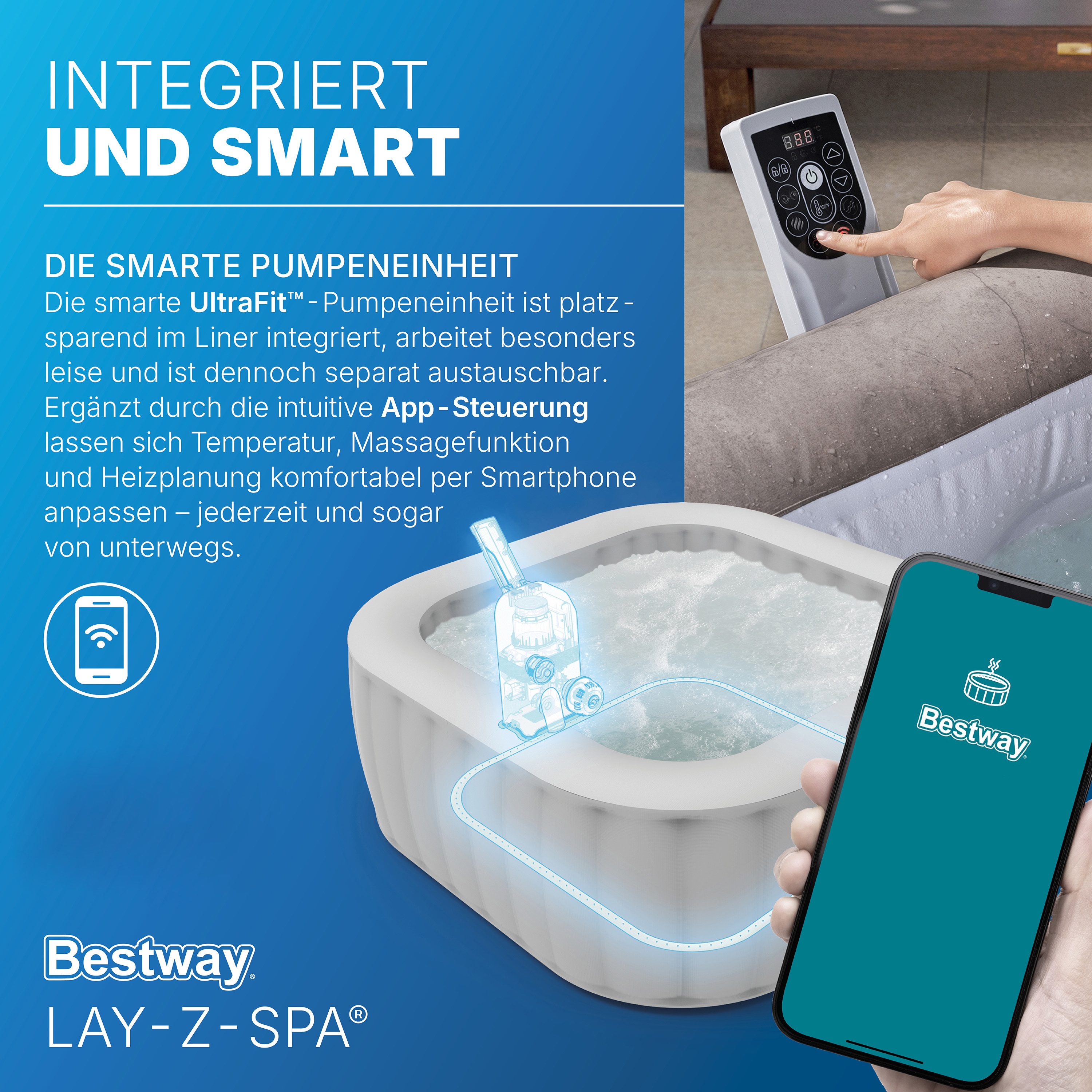 Eine Hand bedient ein Spa-Bedienfeld, während ein Smartphone die Bestway-App zeigt, neben einem aufblasbaren Spa.