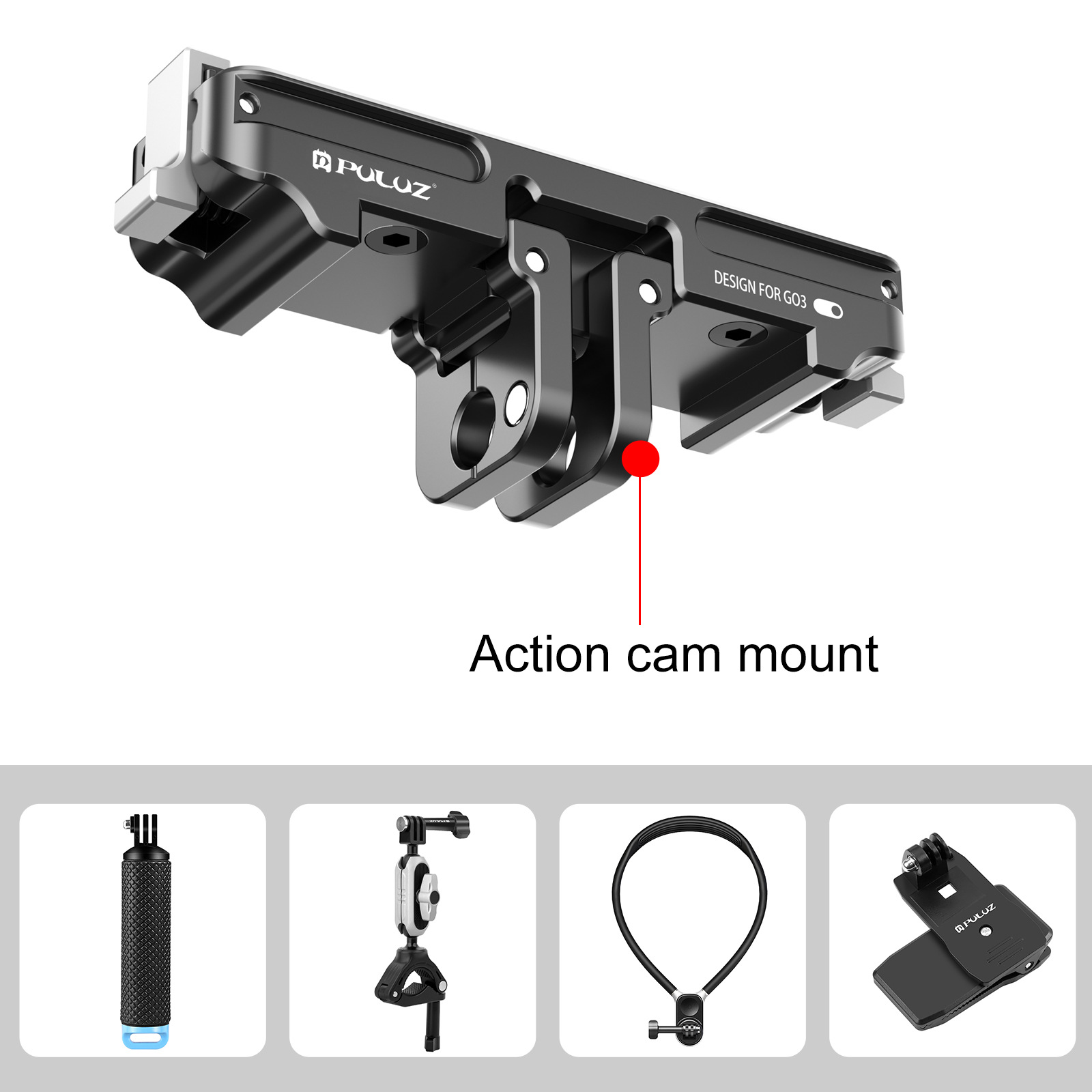 Schwarze Metall-Actioncam-Halterung mit Zubehör: Griff, Klemme, Nackenhalterung, Clip.