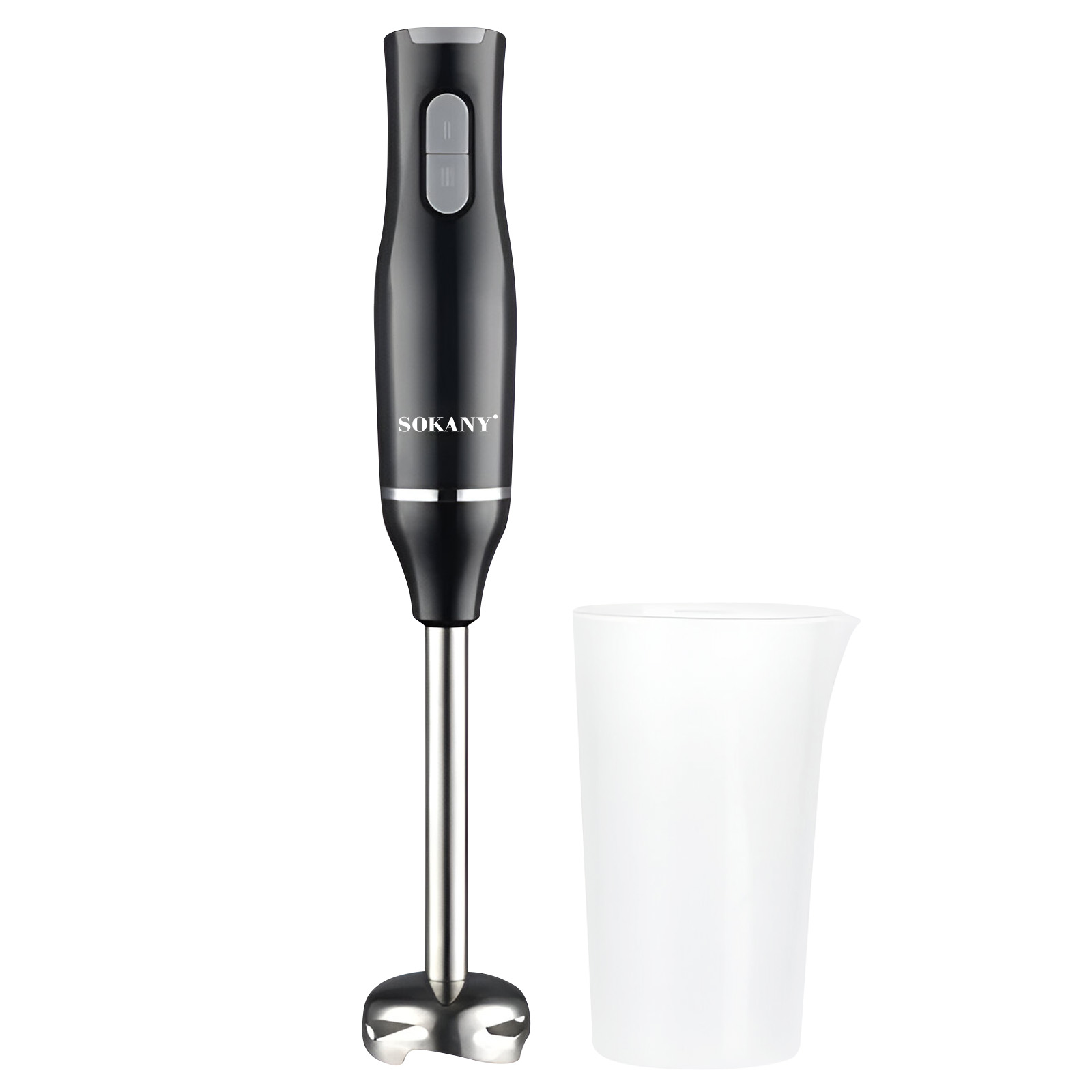 Ein schwarzer SOKANY-Handmixer mit silbernen Akzenten und einem weißen Messbecher.
