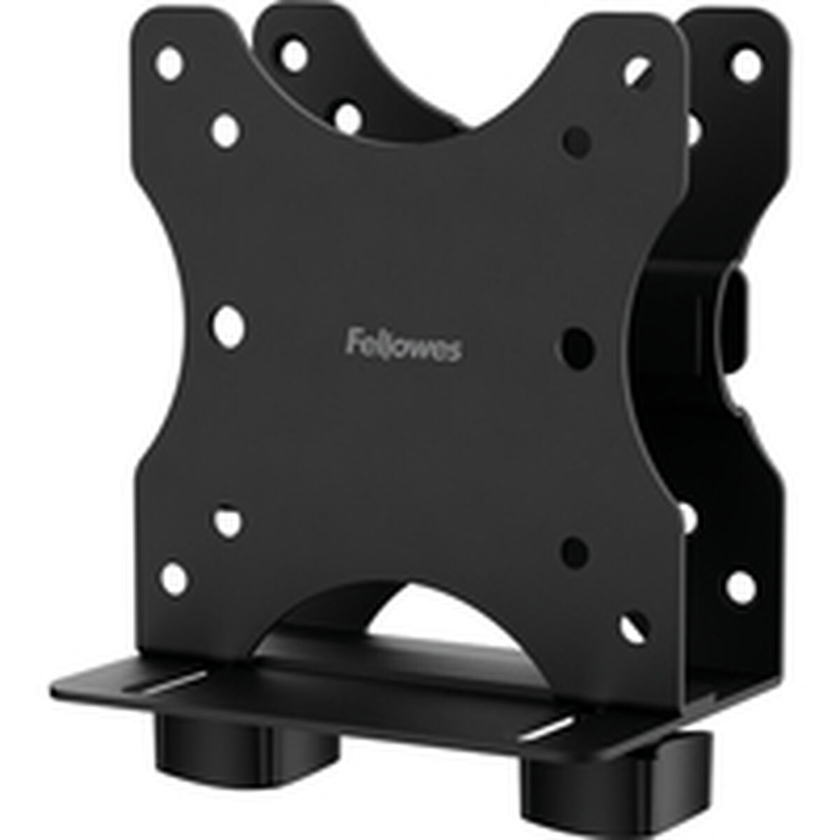 Viene mostrato un supporto CPU in metallo nero con il logo Fellowes.