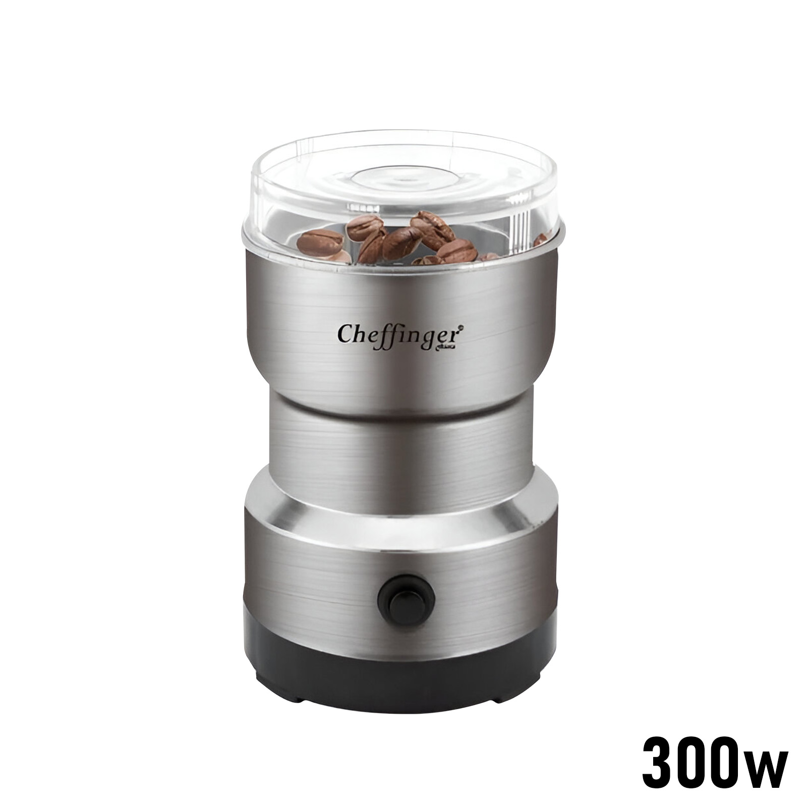 Ein silberner Kaffeemühlen-Prototyp mit durchsichtigem Deckel, gefüllt mit Kaffeebohnen.