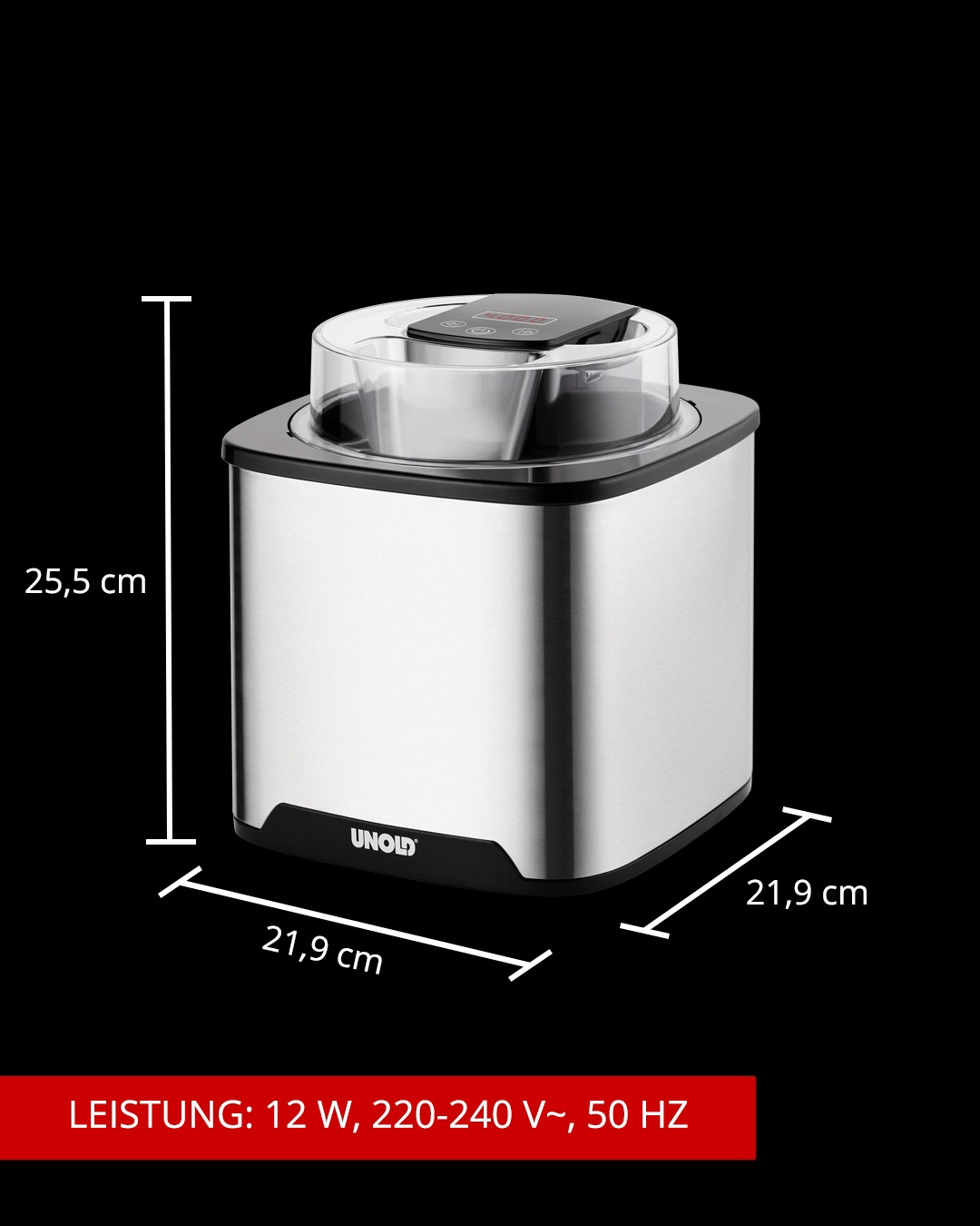 Eine silberne UNOLD Eismaschine mit Klarsichtdeckel und Digitalanzeige. Maße angegeben.