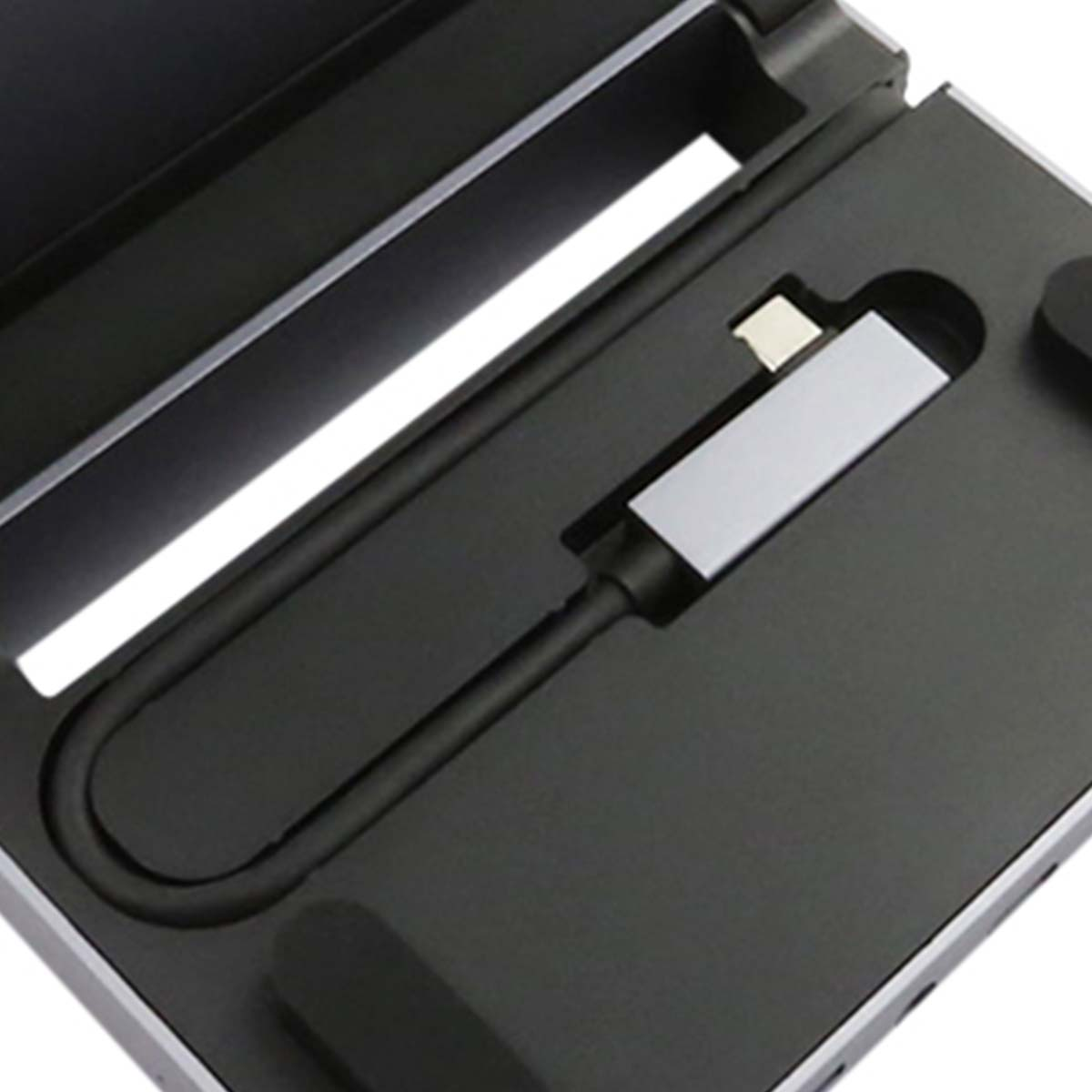Ein schwarzes Kabel mit einem silbernen USB-C-Stecker liegt in einer dunklen Verpackung.