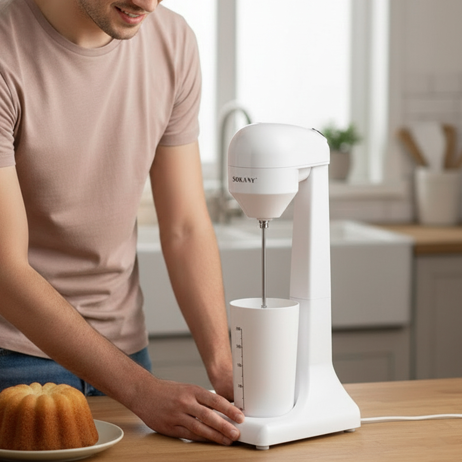 Mann benutzt einen weißen SOKANY Milchshake-Maker neben einem Napfkuchen auf einem Holztisch.