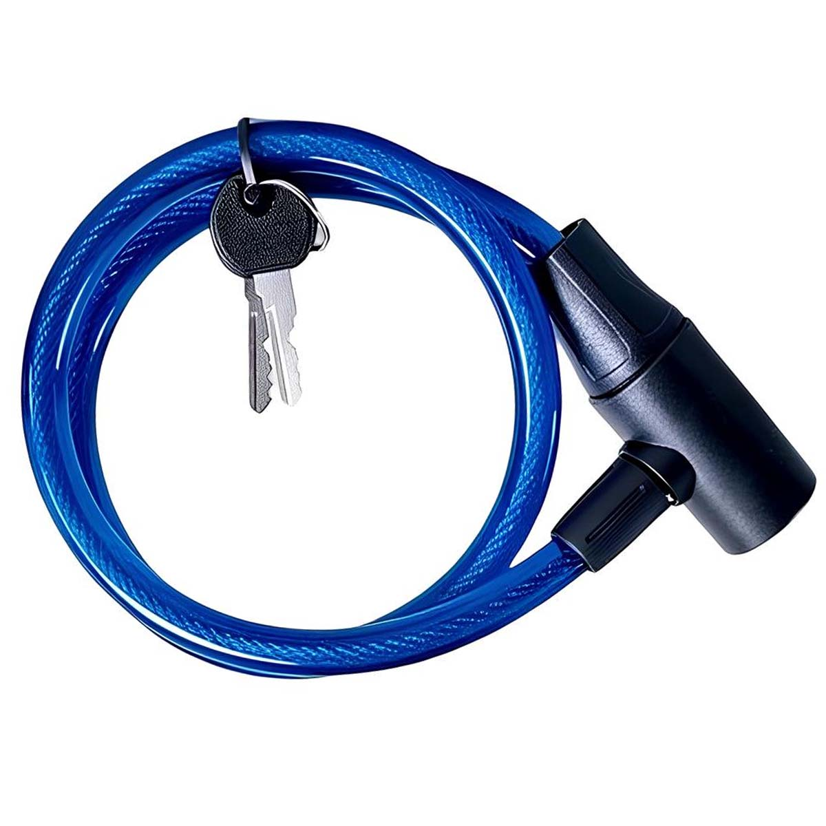 Ein blaues Spiralkabelschloss mit schwarzem Gehäuse und silbernem Schlüssel.