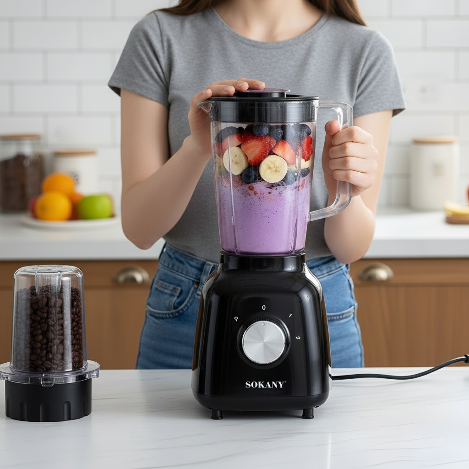 Una mujer mezcla un batido morado con bayas y plátanos en una licuadora negra.