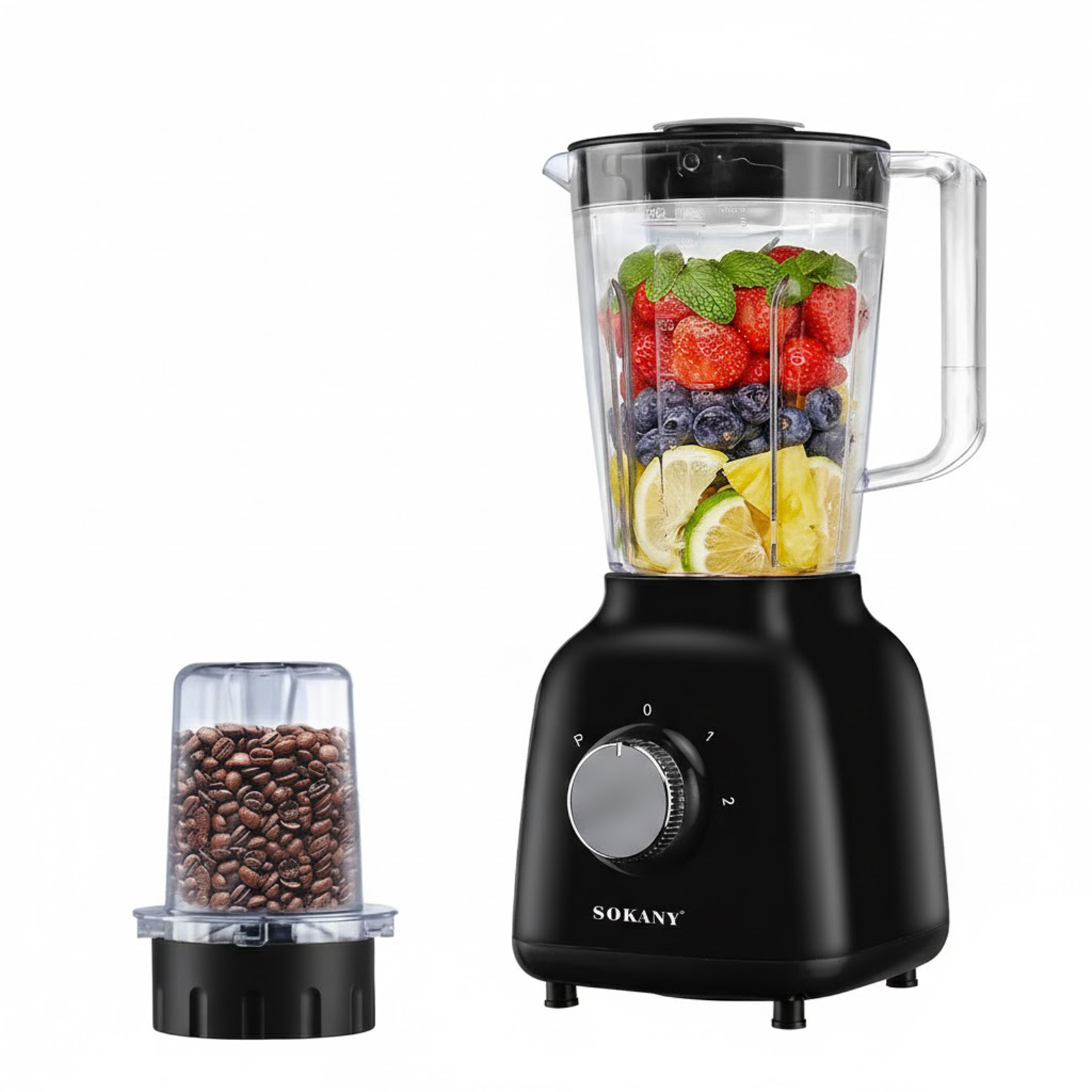 Licuadora SOKANY negra con frutas y granos de café. Fresas, arándanos, limón, piña, menta.