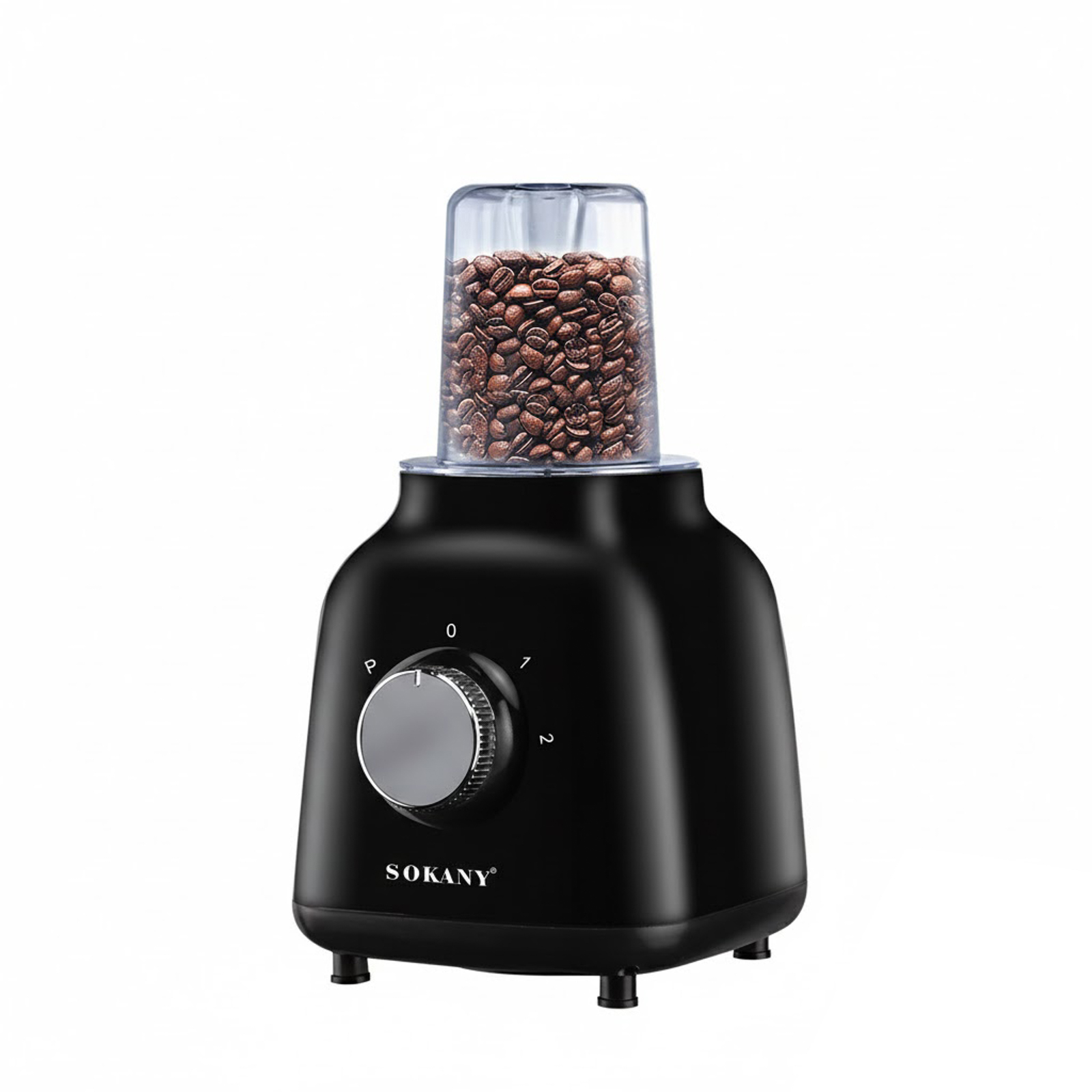 Batidora trituradora de café negra con recipiente transparente lleno de granos de café.