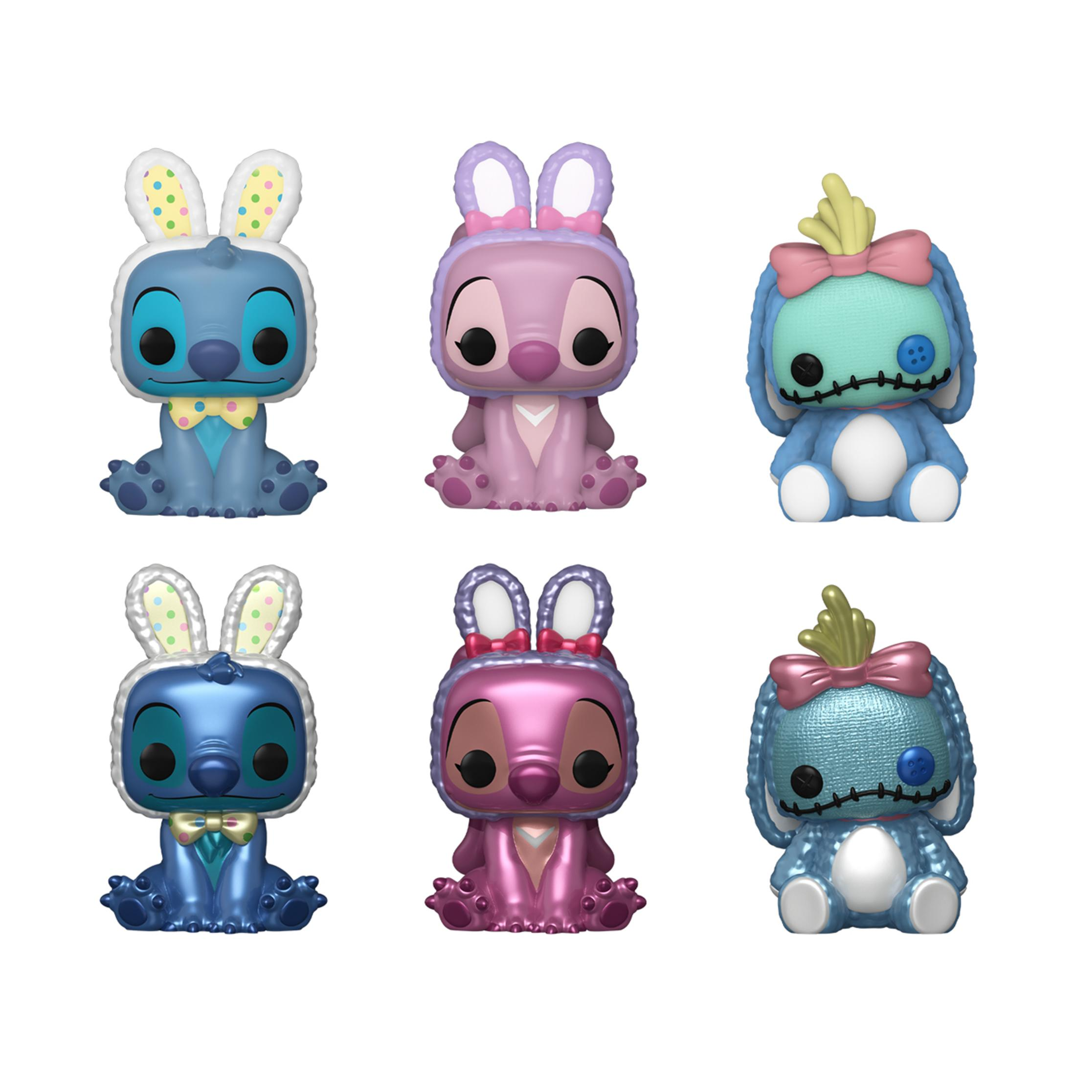 Sechs Funko Pop Figuren: 3 Stitch, 2 Angel, 1 Scrump, mit Hasenohren.