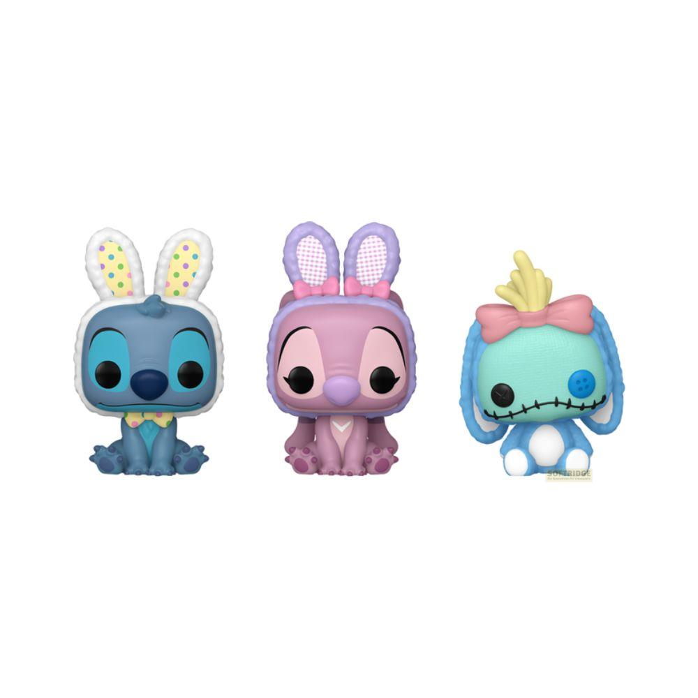 Drei Funko Pop Figuren: Stitch in Hasenohren, Angel in Hasenohren, Scrump als blauer Hase.