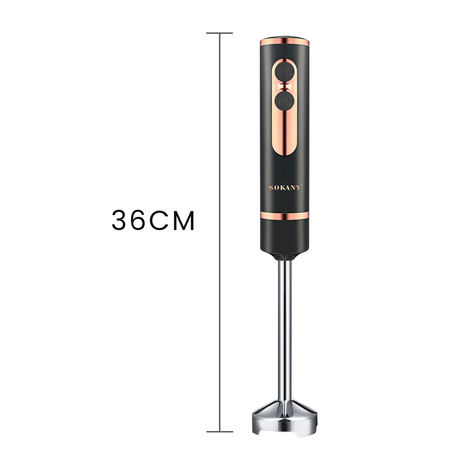 Schwarzer Stabmixer mit Kupferdetails, 36 cm lang, mit 'LOW' und 'HIGH'-Tasten.