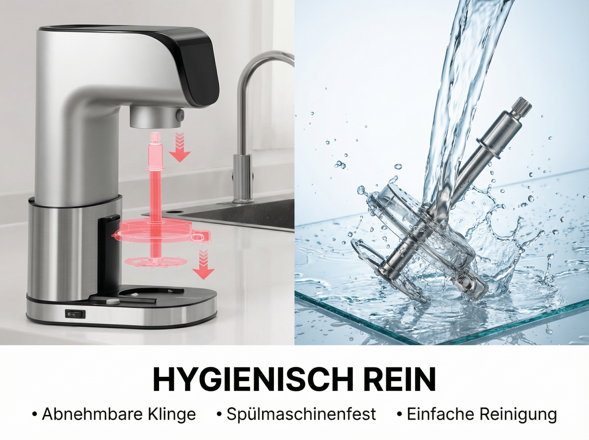Silbernes Gerät mit abnehmbarer Klinge unter fließendem Wasser. Einfache Reinigung.