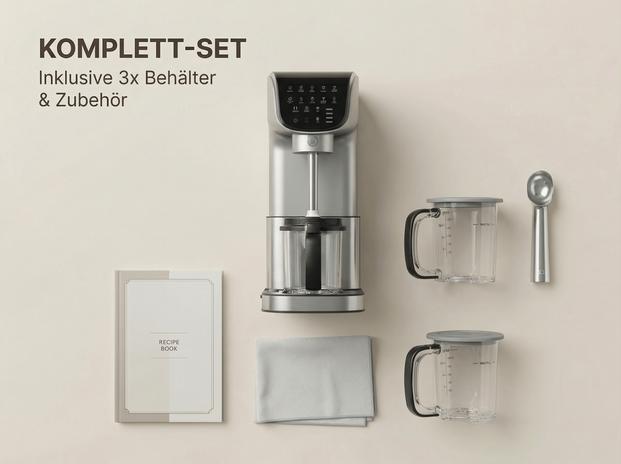 Ein silbernes Eismaschinen-Set mit Rezeptbuch, zwei Bechern, Löffel und Tuch.
