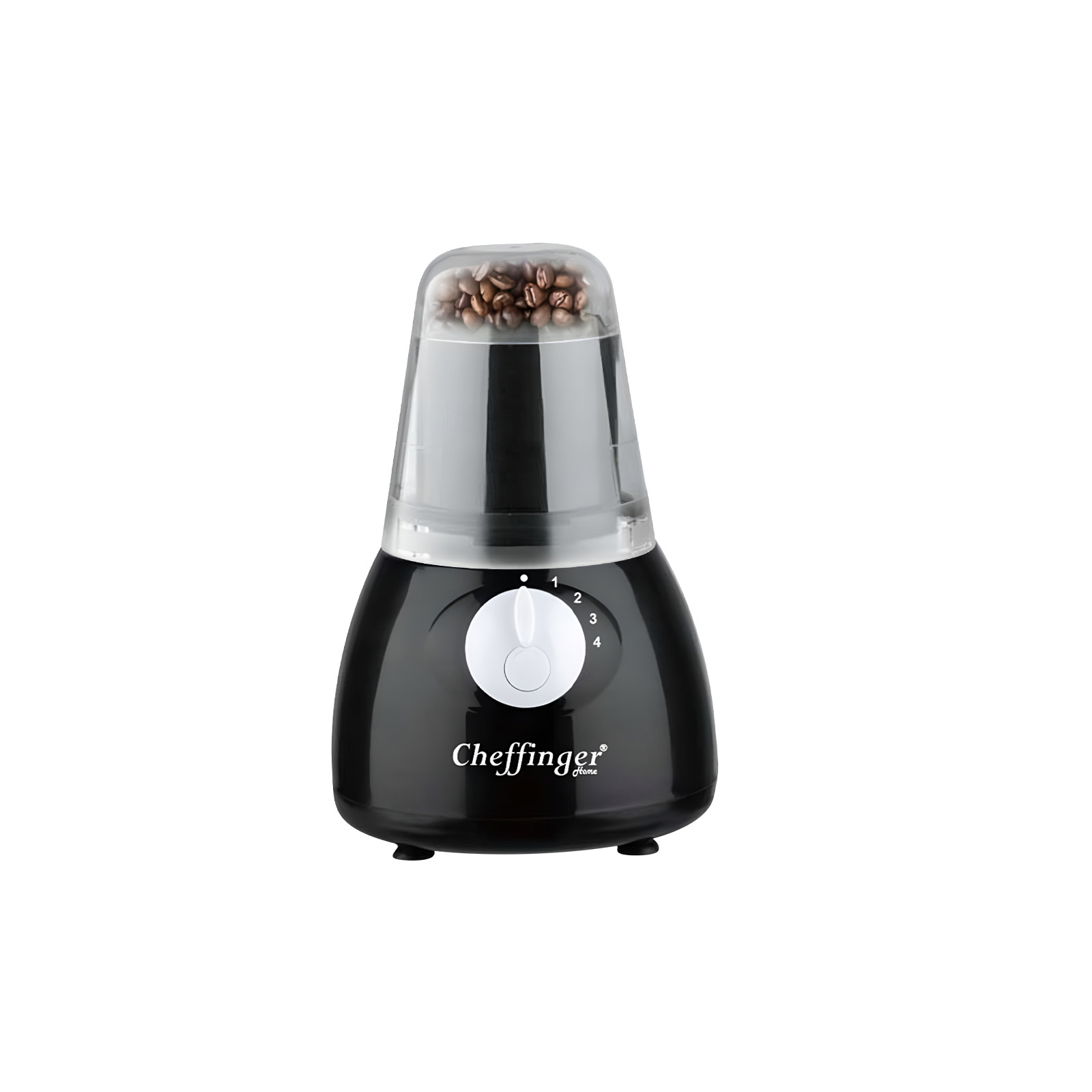 Molinillo de café Cheffinger negro con tapa transparente llena de granos de café.