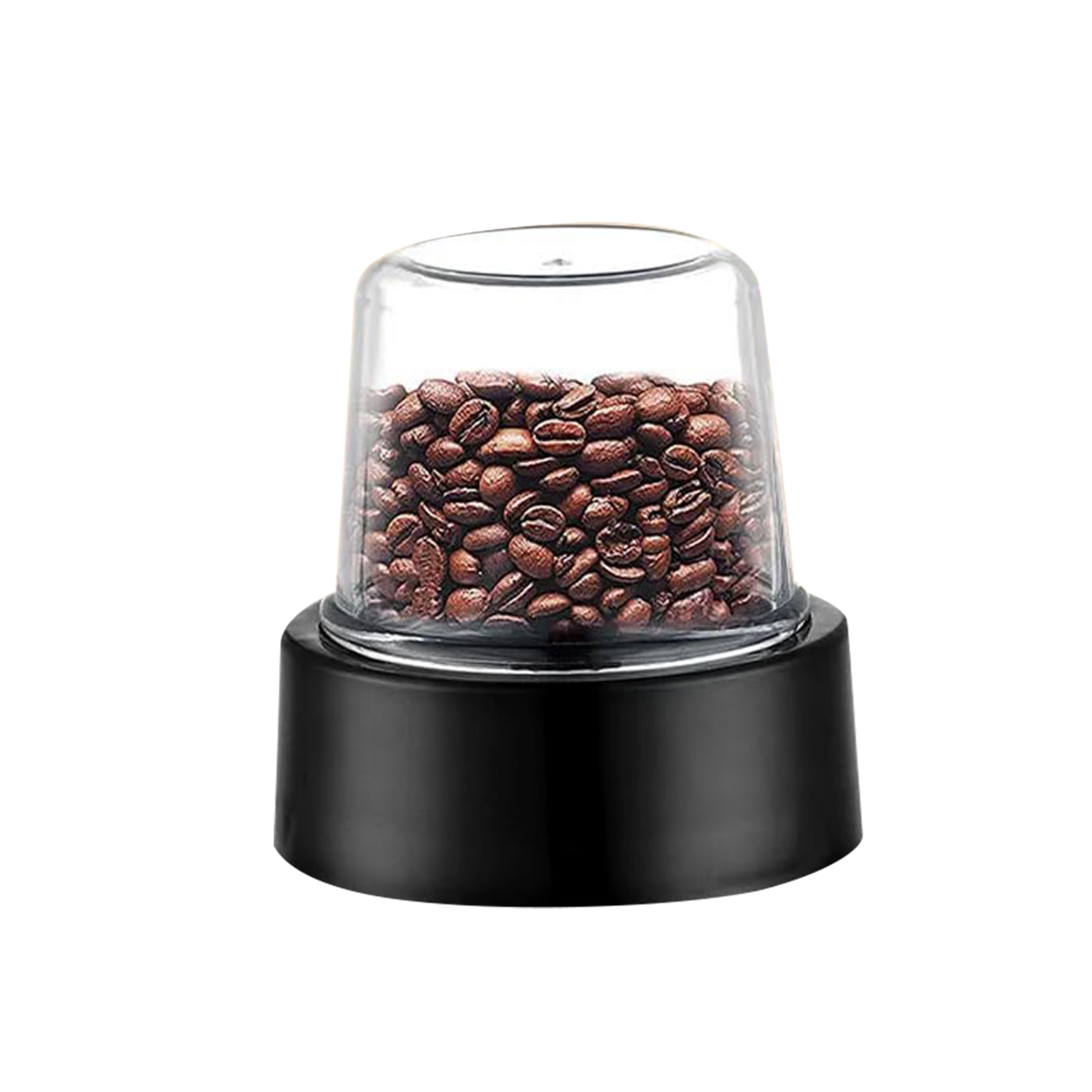 Un recipiente de vidrio transparente lleno de granos de café tostado se asienta sobre una base negra.