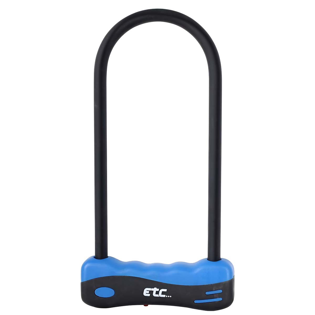 Ein schwarzes U-Schloss mit blauem Griff und dem Logo "etc...".