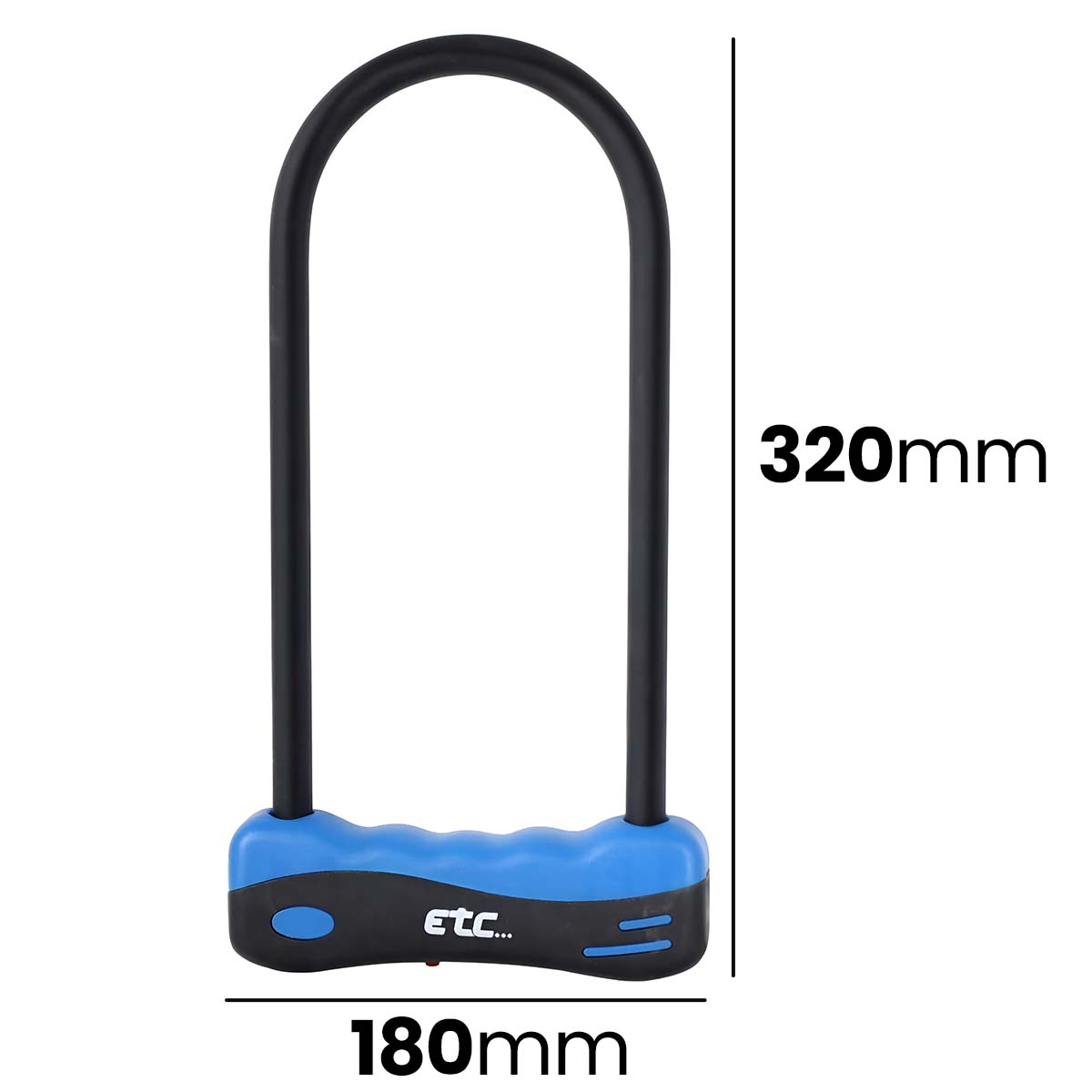 Ein schwarzes U-Schloss mit blau-schwarzem Sockel, Maße 320mm x 180mm.