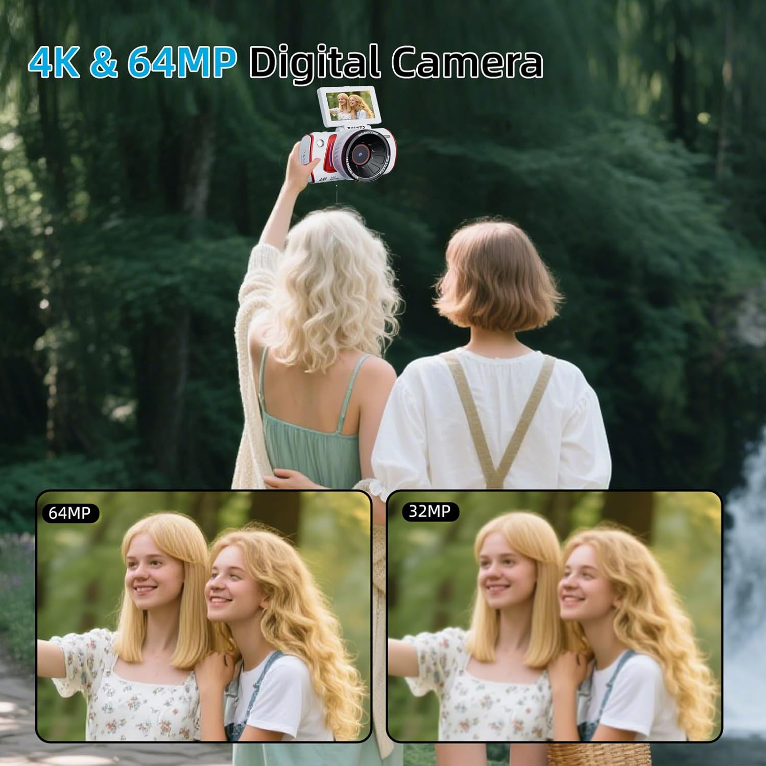 Zwei Frauen machen ein Selfie mit einer 4K & 64MP Digitalkamera in der Natur.