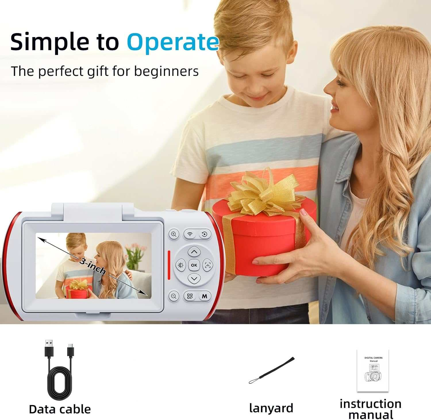 Eine Frau und ein Kind erhalten eine rote Geschenkbox. Eine Digitalkamera wird mit Zubehör gezeigt.