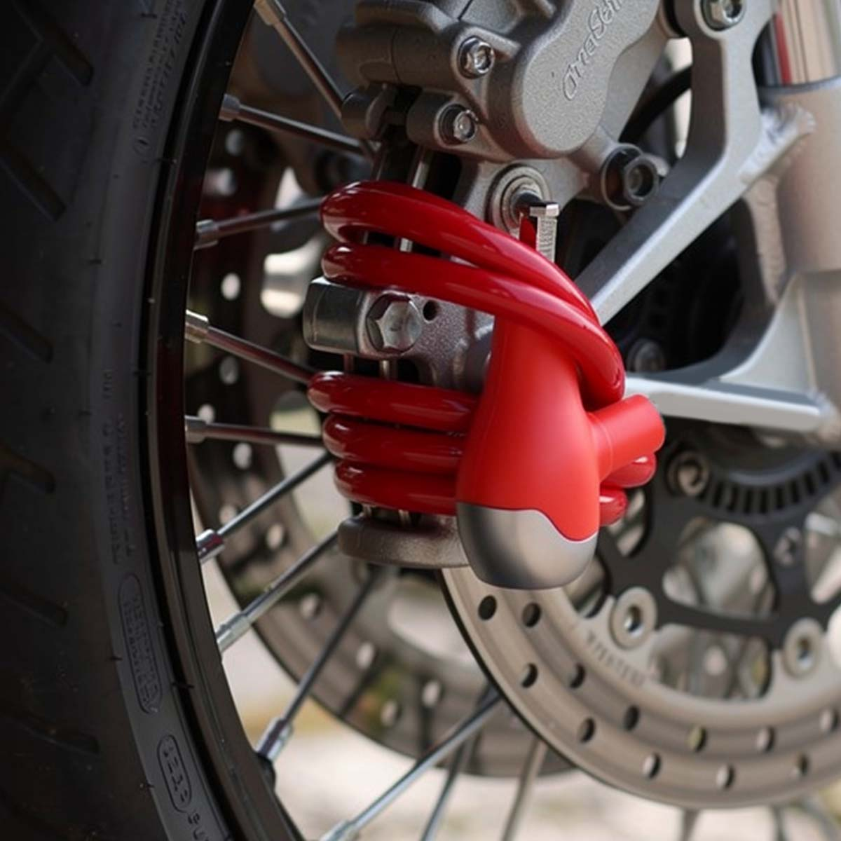 Rotes Motorradschloss um die Feder des Stoßdämpfers gewickelt.