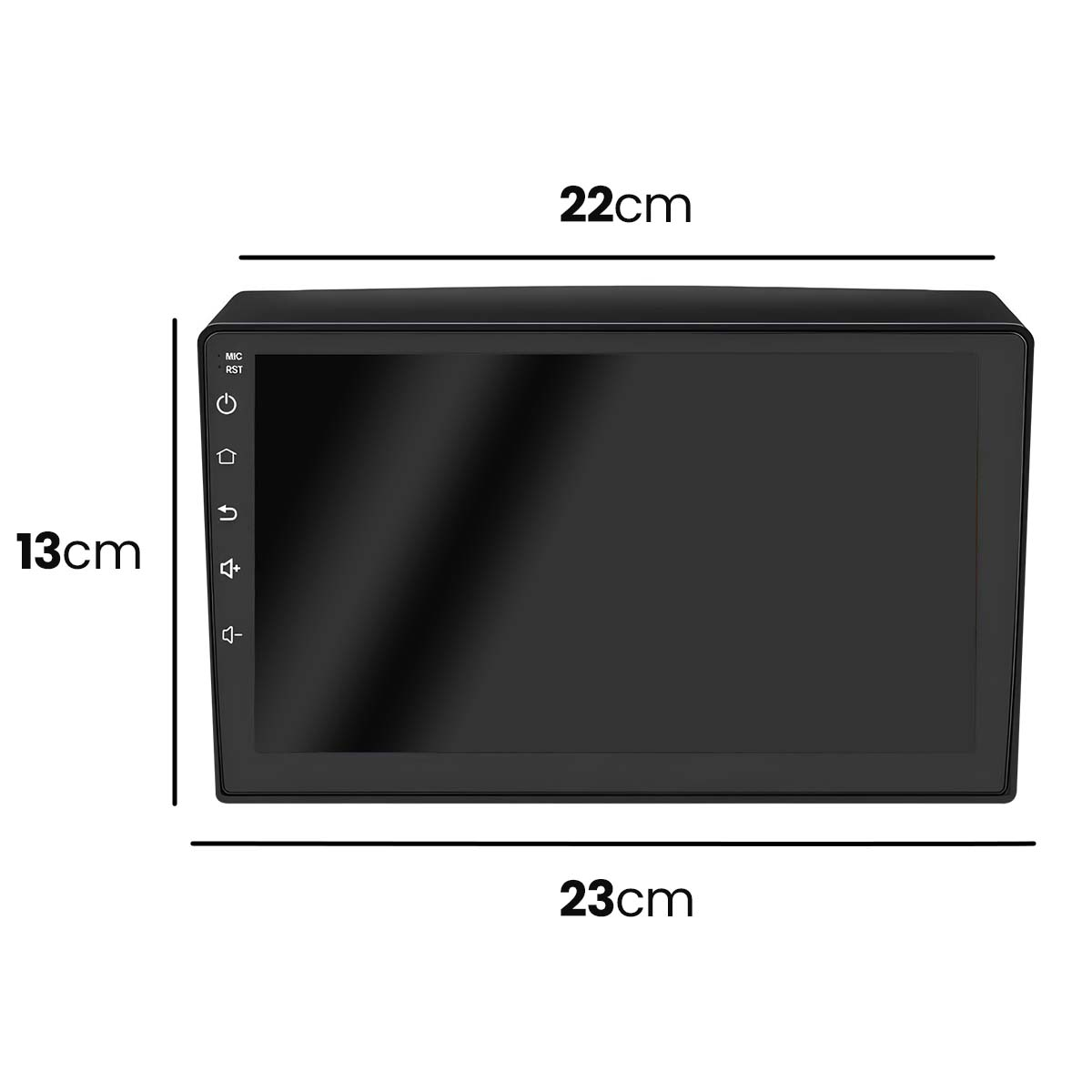 Display autoradio nero, 22cm largo, 13cm alto, 23cm profondo. Mostra pulsanti.