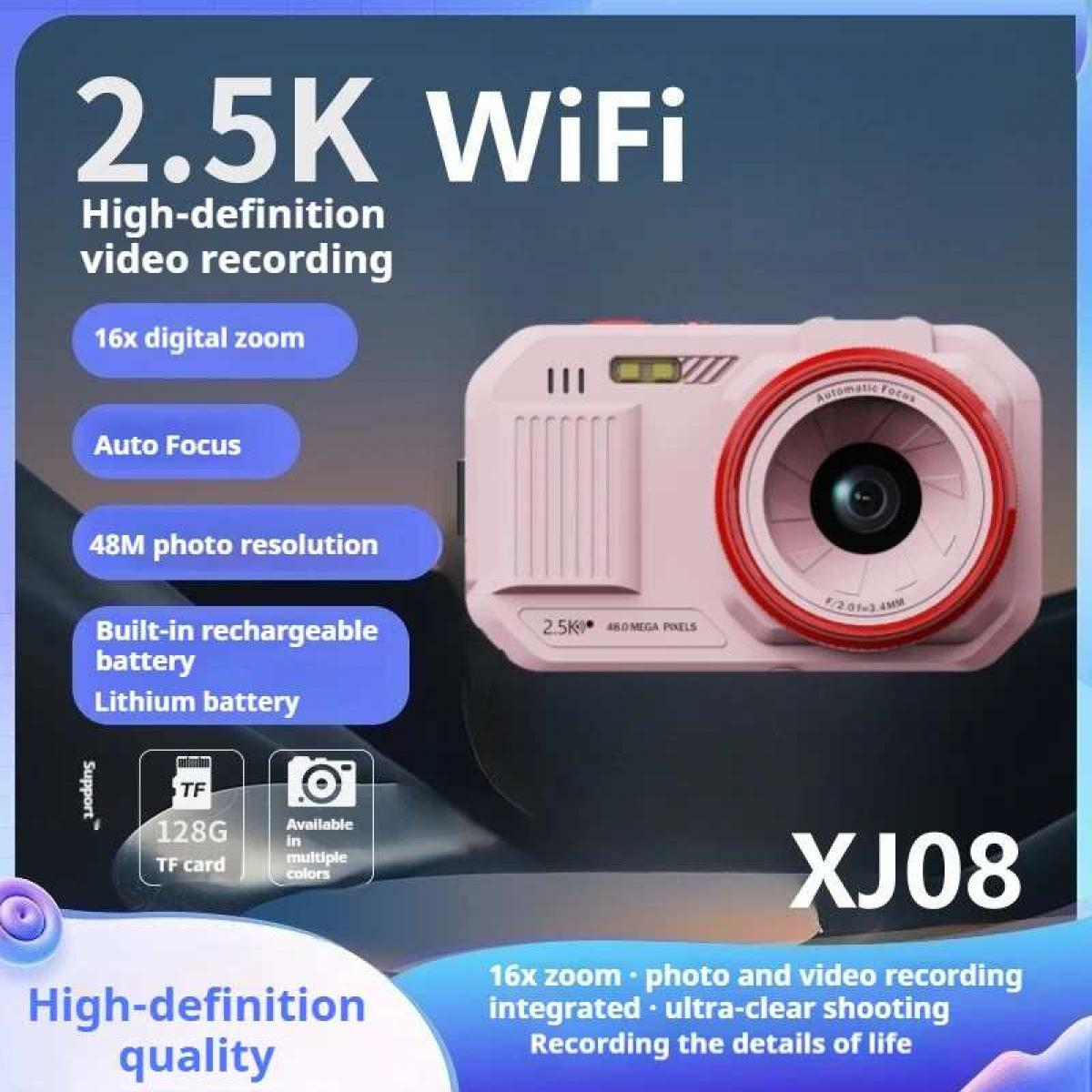 Rosa Digitalkamera mit 2,5K WiFi, 16-fachem Zoom, 48 MP, Autofokus, Akku.