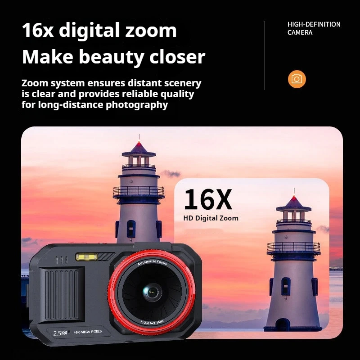 Digitalkamera mit 16-fachem Zoom vor dem Hintergrund zweier Leuchttürme.