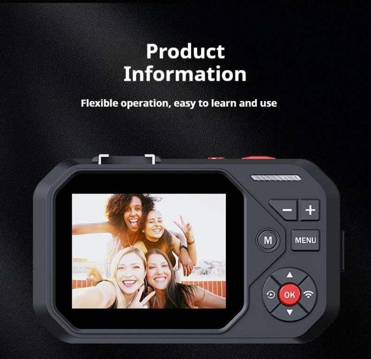 Digital-Kamera-Bildschirm zeigt vier lächelnde Frauen, die ein Selfie machen. Produktinfos darüber.