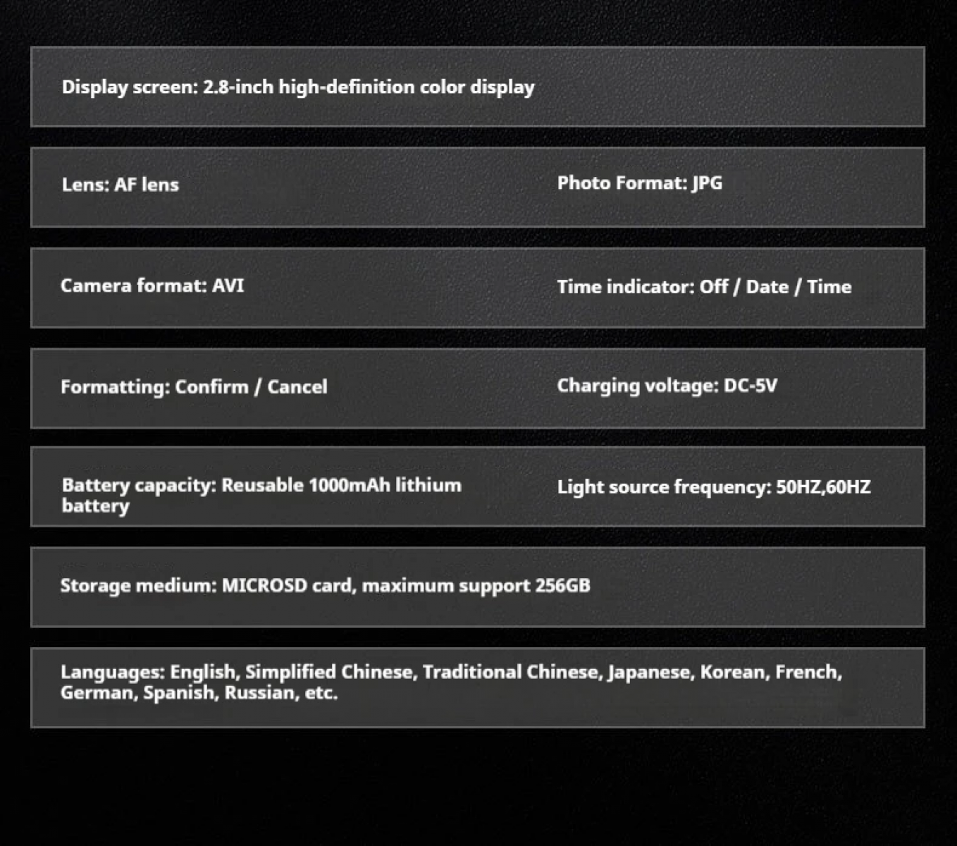 Spezifikationen: 2,8-Zoll-Display, AF-Linse, JPG/AVI, DC-5V, 1000mAh Akku, 256GB Speicher.