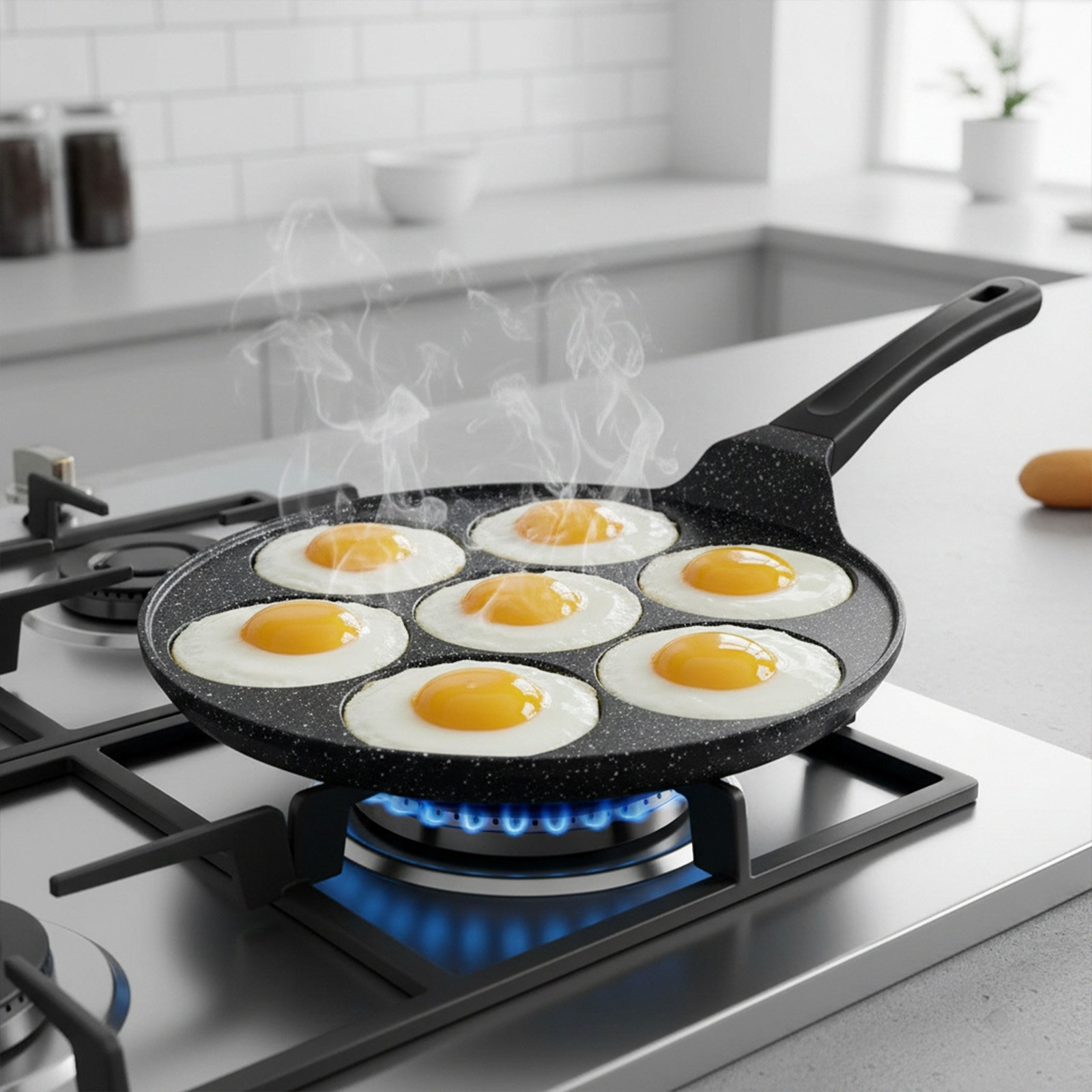 Six œufs au plat cuisent dans une poêle sur une cuisinière à gaz avec une flamme bleue.
