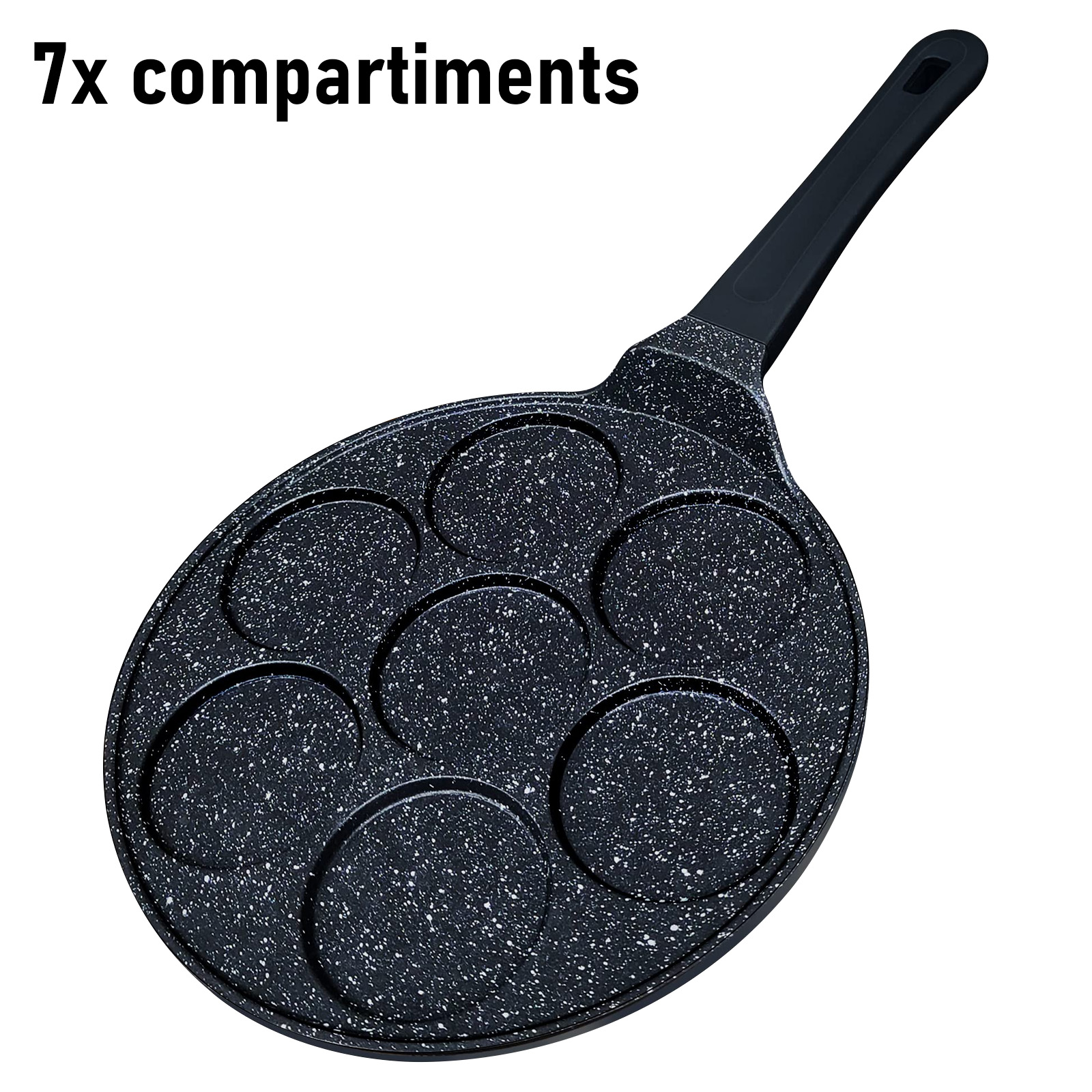 Une poêle noire avec 7 compartiments ronds et un manche.