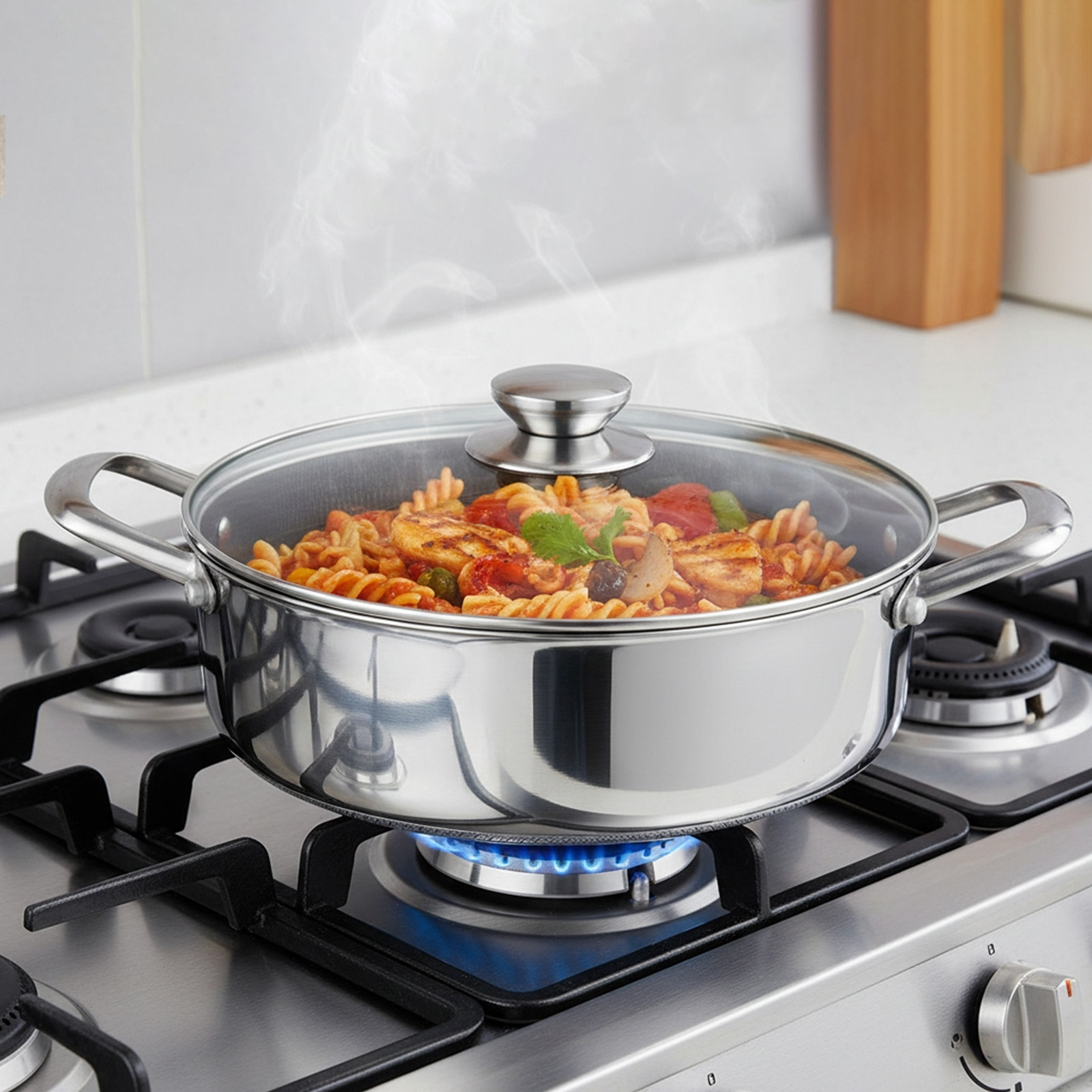Nudeln mit Hähnchen und Tomaten in einem Topf über einer Gasflamme.