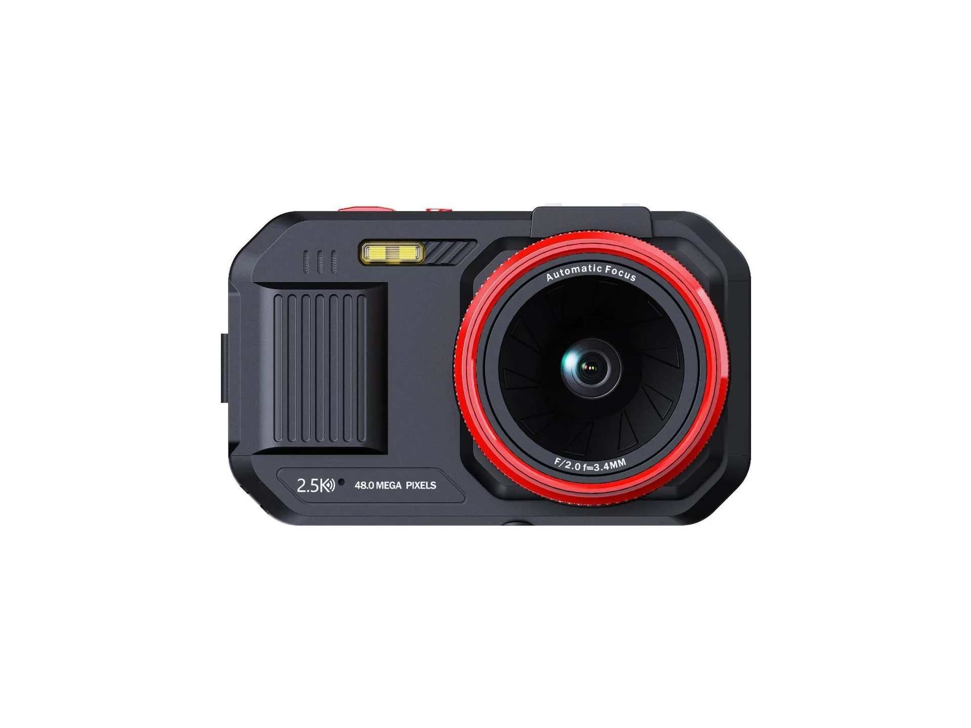 Eine schwarze Kamera mit rotem Objektivring, Autofokus und Text „2,5K 48,0 MEGAPIXEL“.