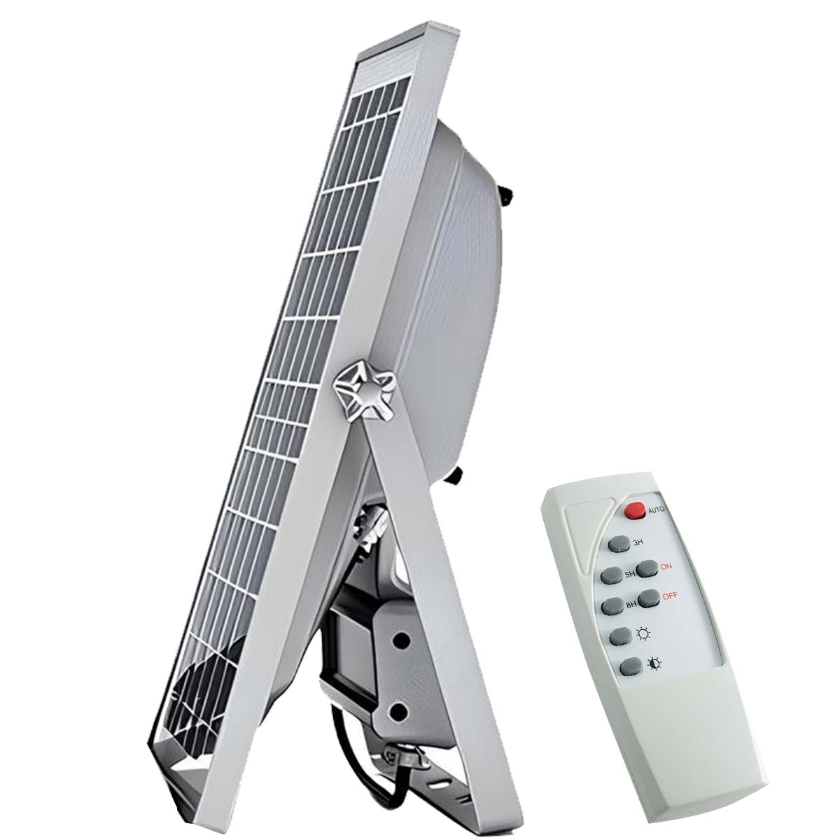 Un foco solar blanco con control remoto sobre fondo blanco.
