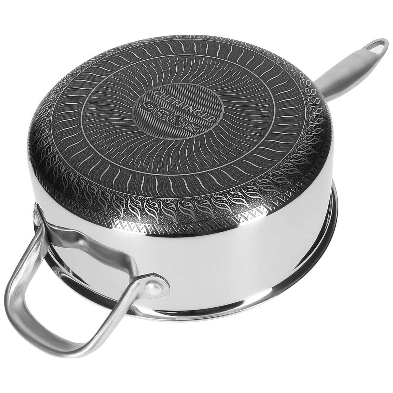Ein Kochtopf mit einem dekorativen Boden und zwei Griffen. Der Boden hat ein "Cheffinger"-Logo.