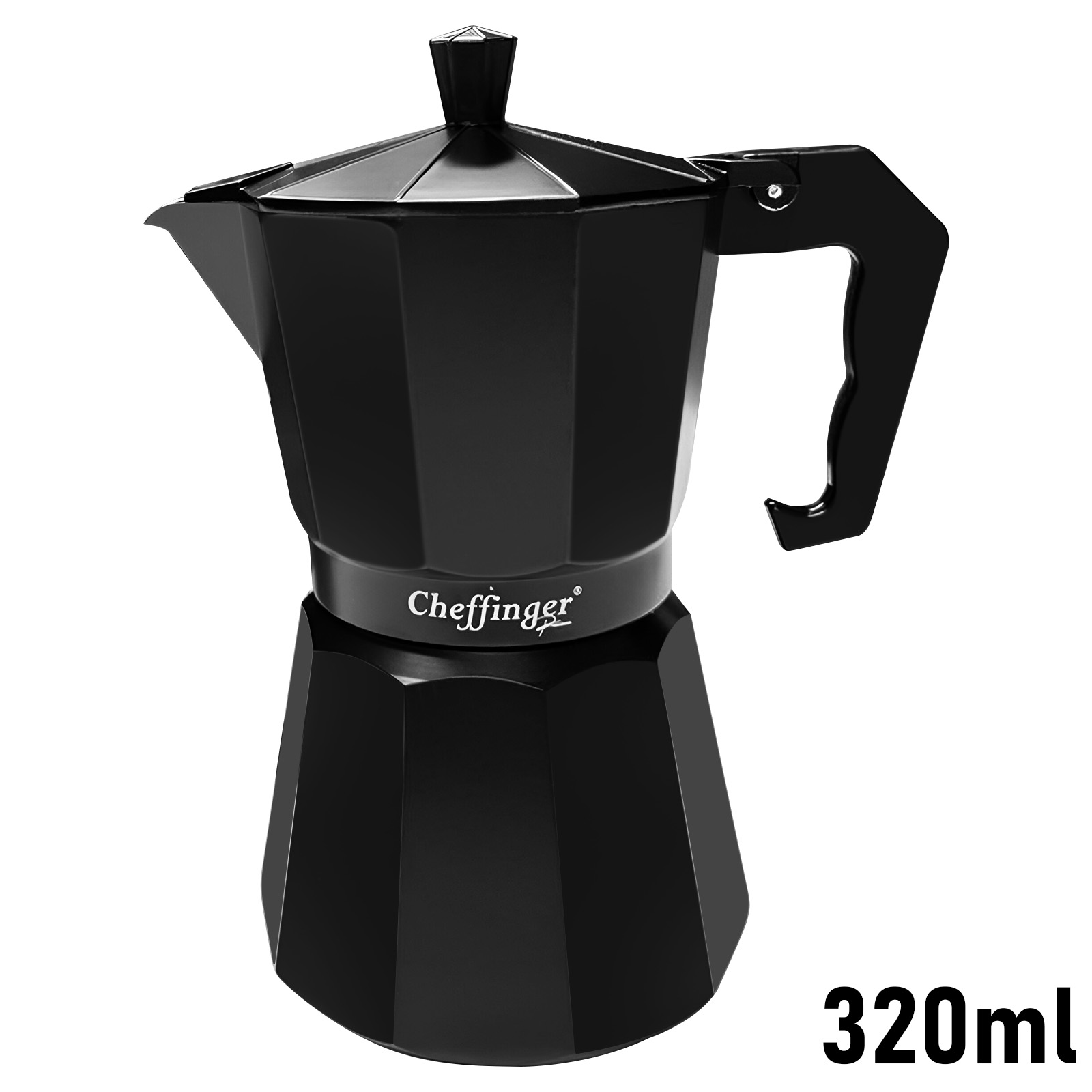 Cafetera moka negra con asa y tapa, capacidad de 320 ml.