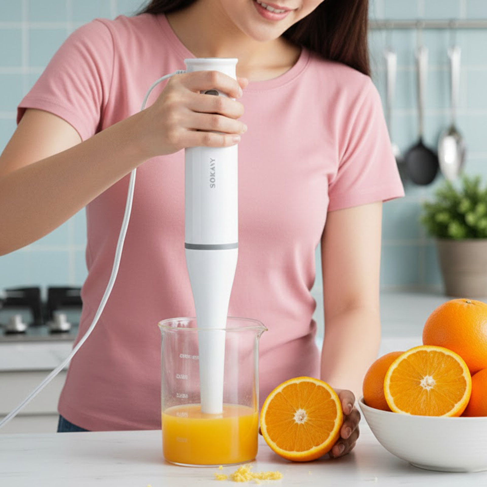 Eine Frau mixt Orangensaft mit einem Stabmixer in einem Glasbehälter.