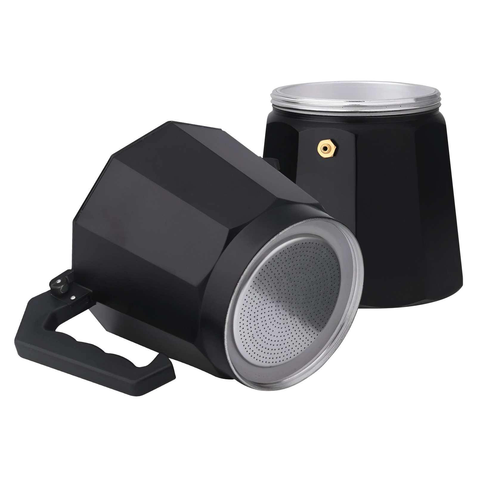 Una cafetera espresso negra con tapa y asa plateadas.