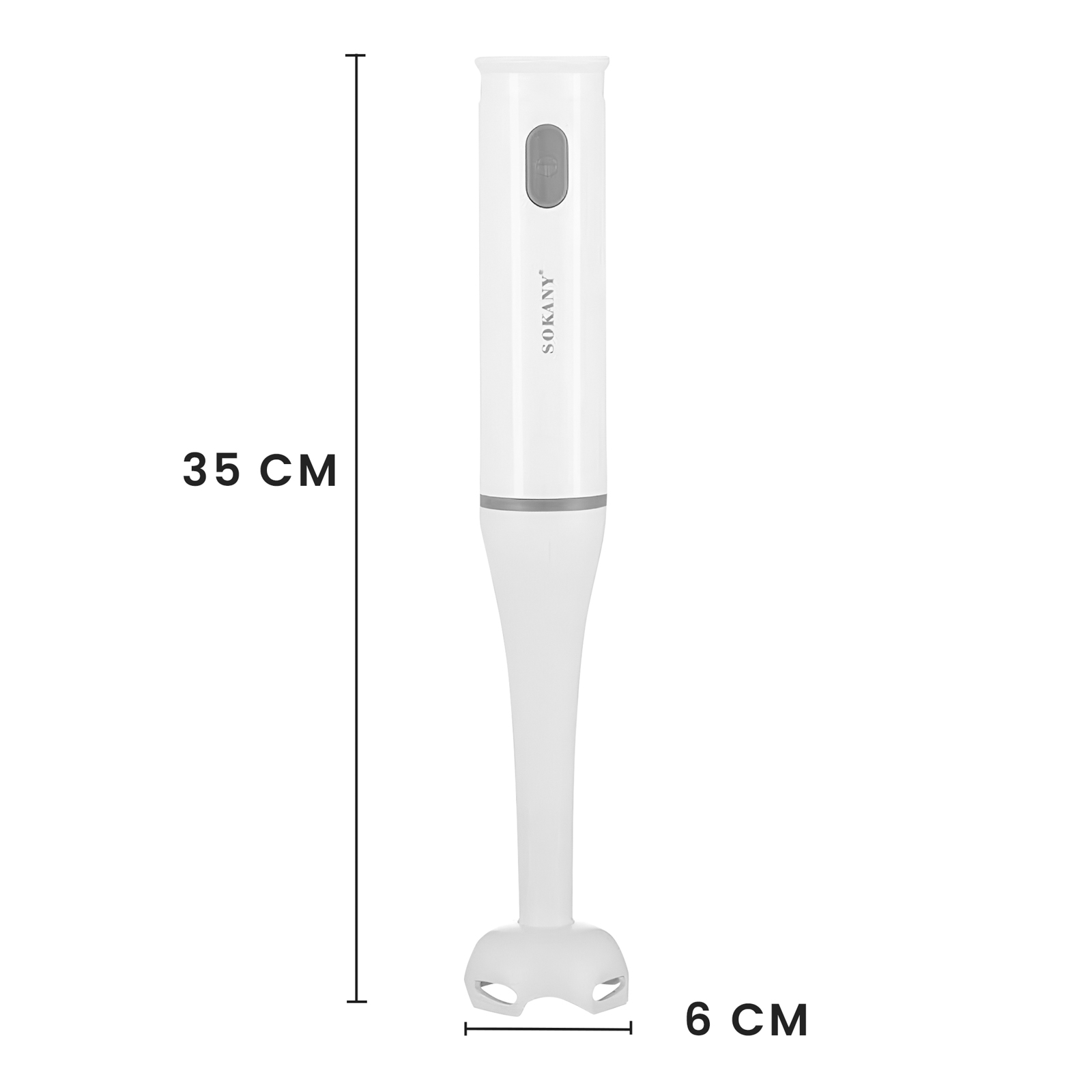Ein weißer SOKANY Stabmixer wird mit Maßen von 35cm Länge und 6cm Breite gezeigt.