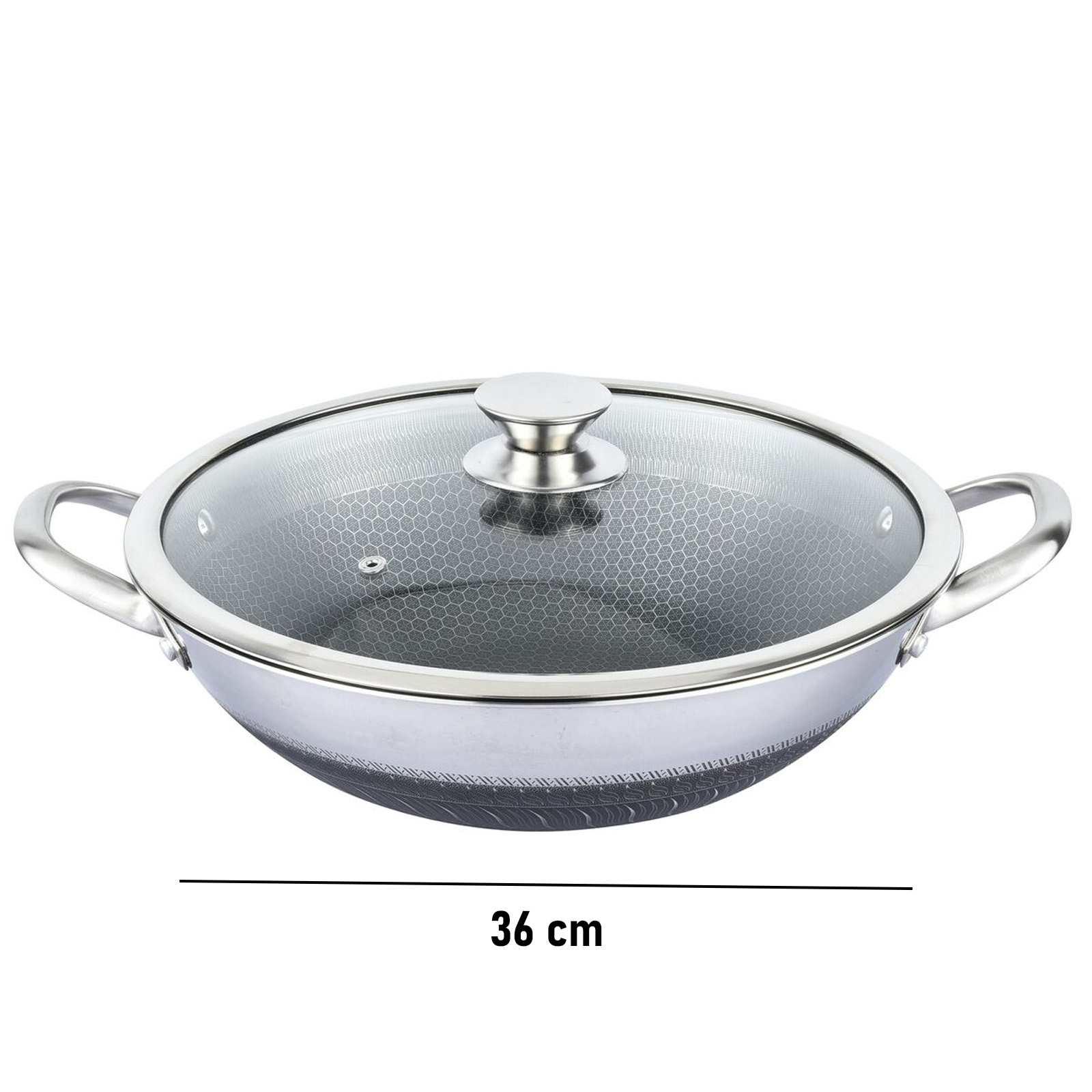 Silberne Wokpfanne mit Glasdeckel und Griffen, 36 cm Durchmesser.